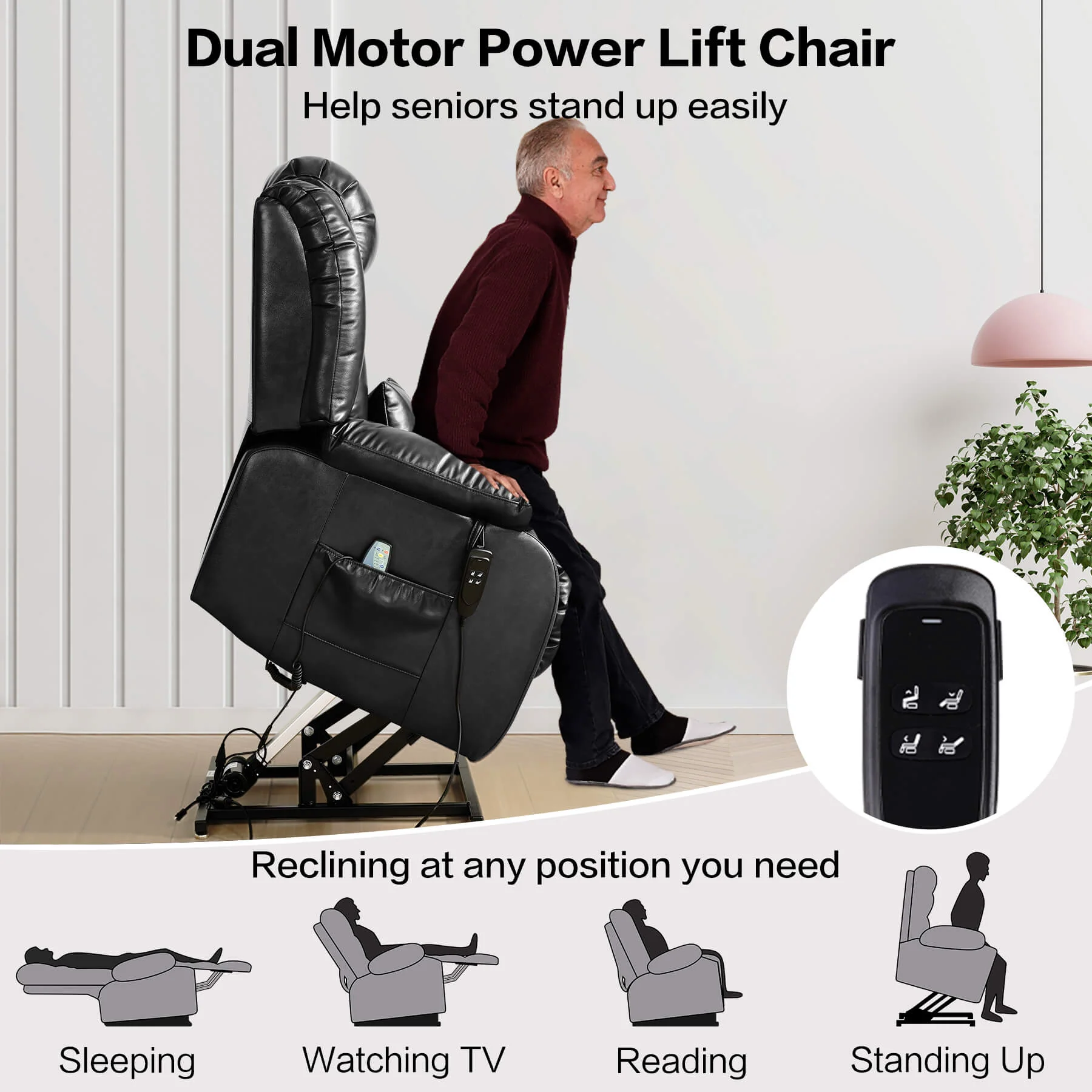 Infinite Position Lift Recliner Chair W/ Massage and Heating, Power by Dual Motor, Real Leather - Image 15