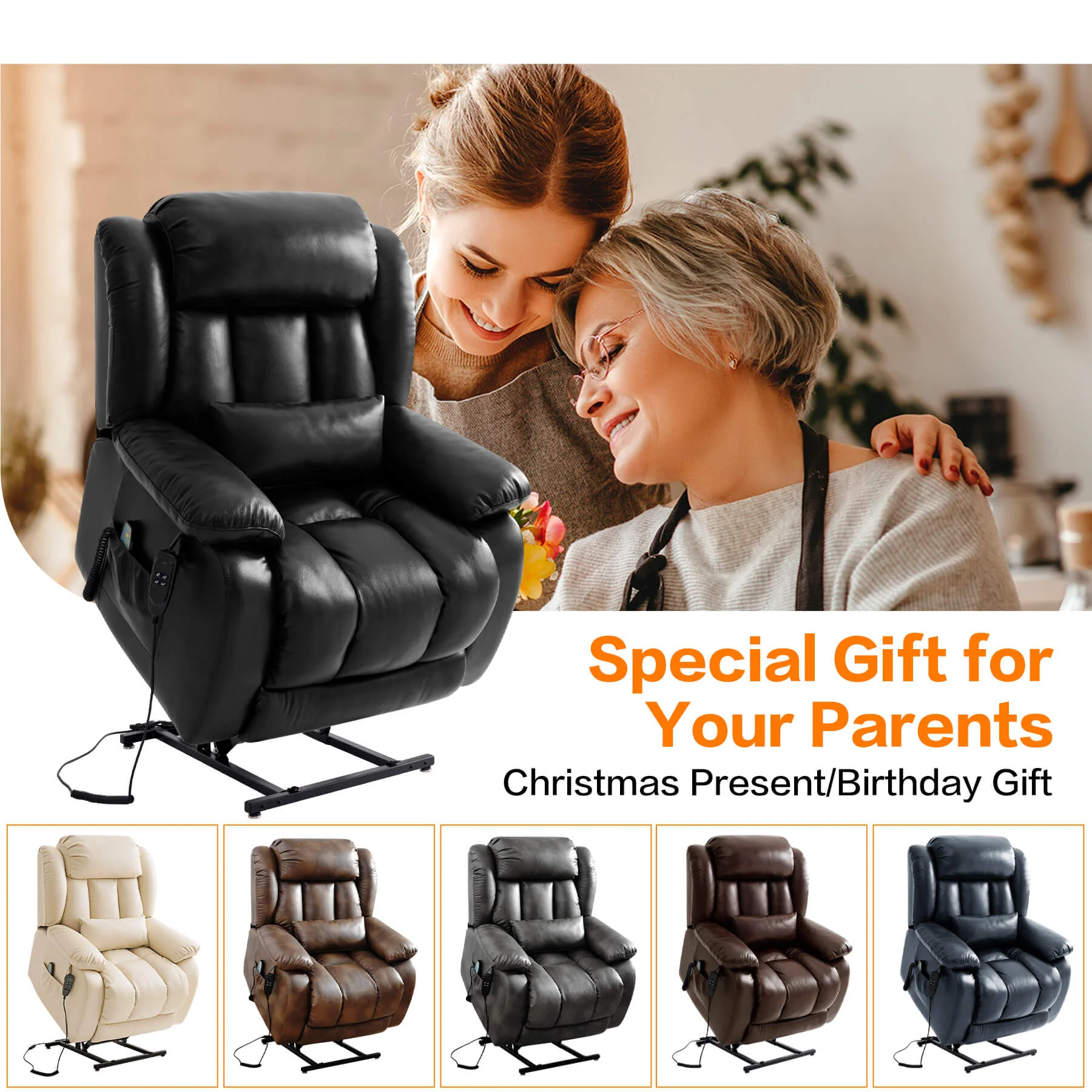 Infinite Position Lift Recliner Chair W/ Massage and Heating, Power by Dual Motor, Real Leather - Image 21
