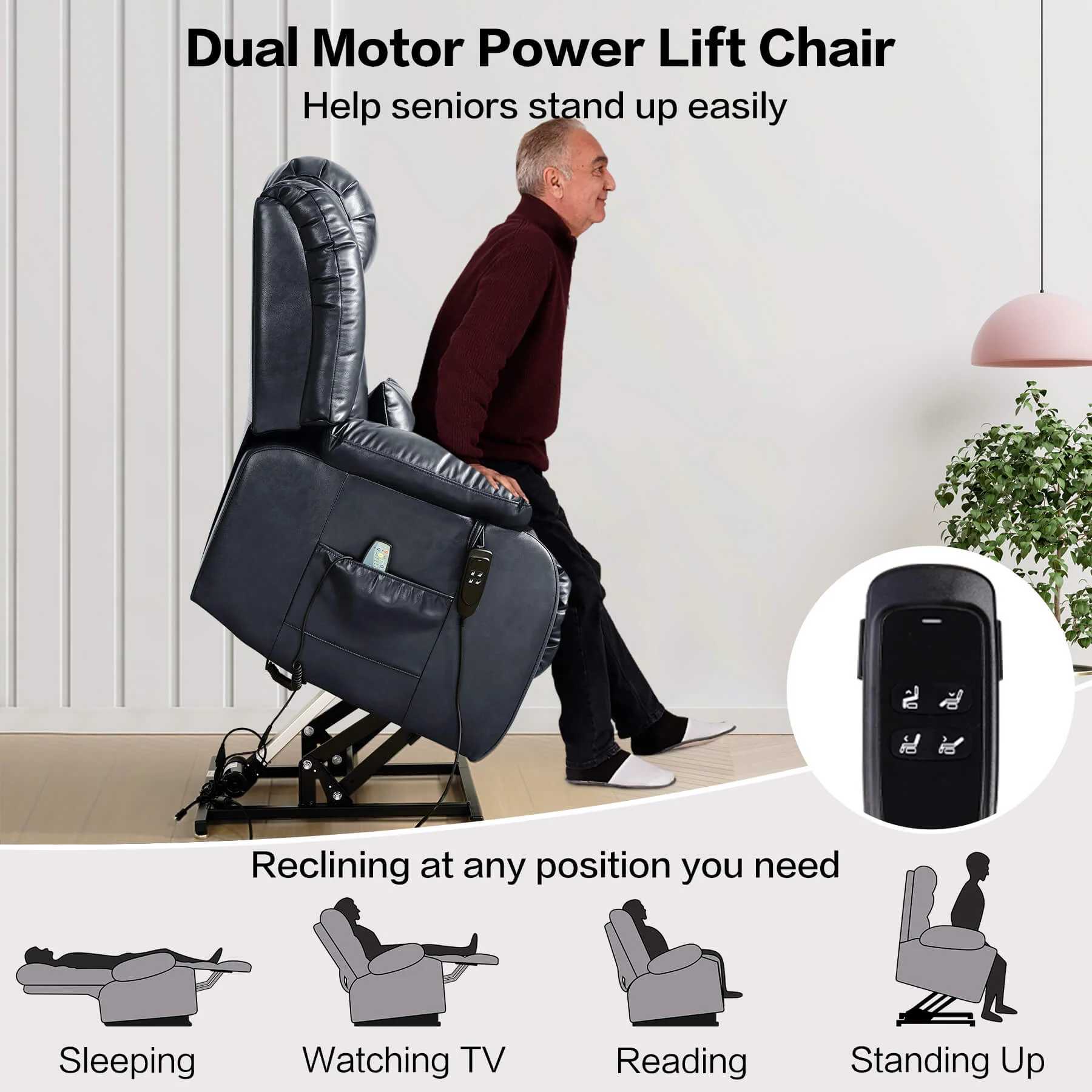 Infinite Position Lift Recliner Chair W/ Massage and Heating, Power by Dual Motor, Real Leather - Image 26