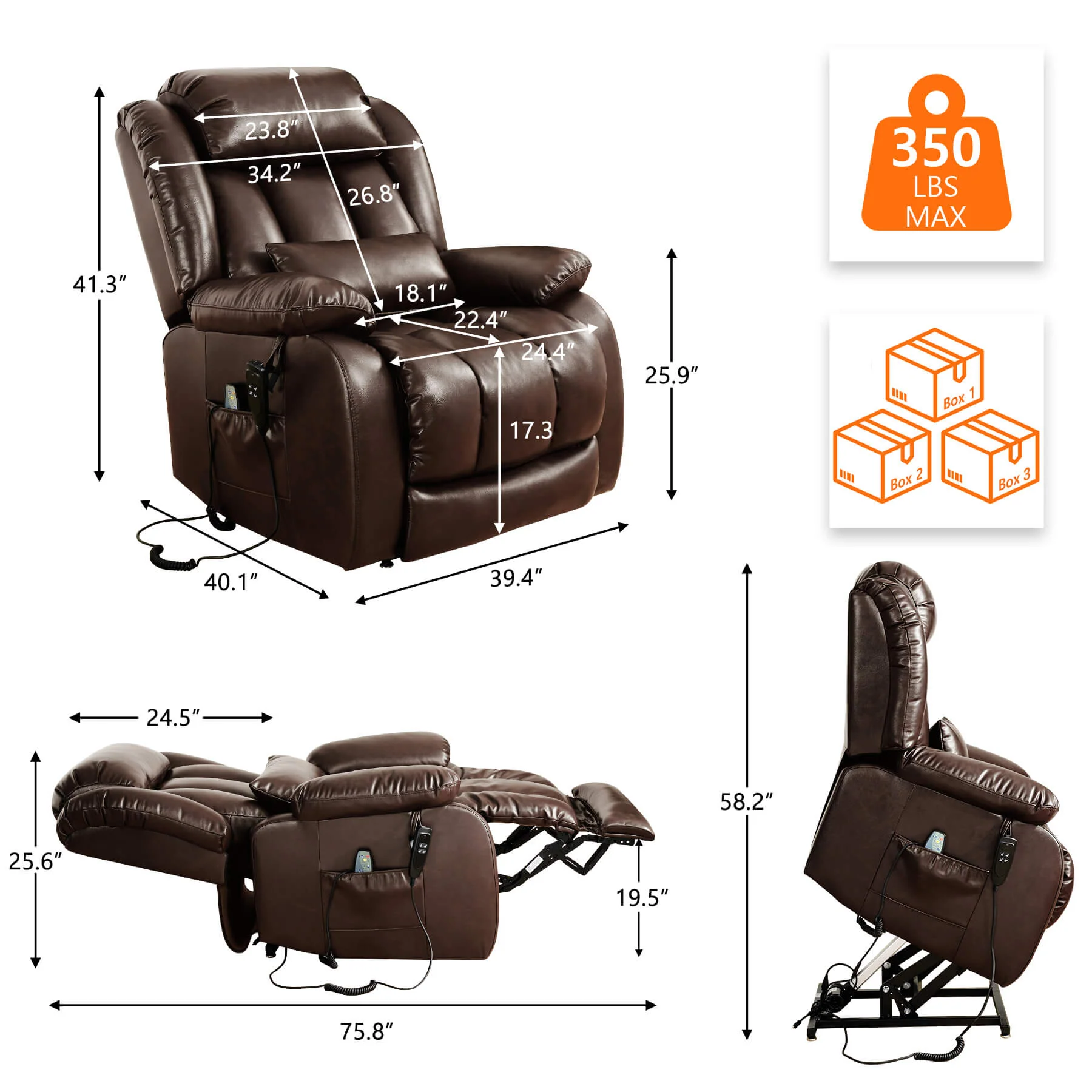 Infinite Position Lift Recliner Chair W/ Massage and Heating, Power by Dual Motor, Real Leather - Image 3