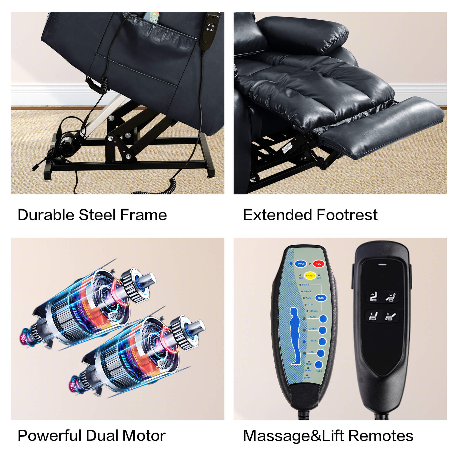 Infinite Position Lift Recliner Chair W/ Massage and Heating, Power by Dual Motor, Real Leather - Image 30