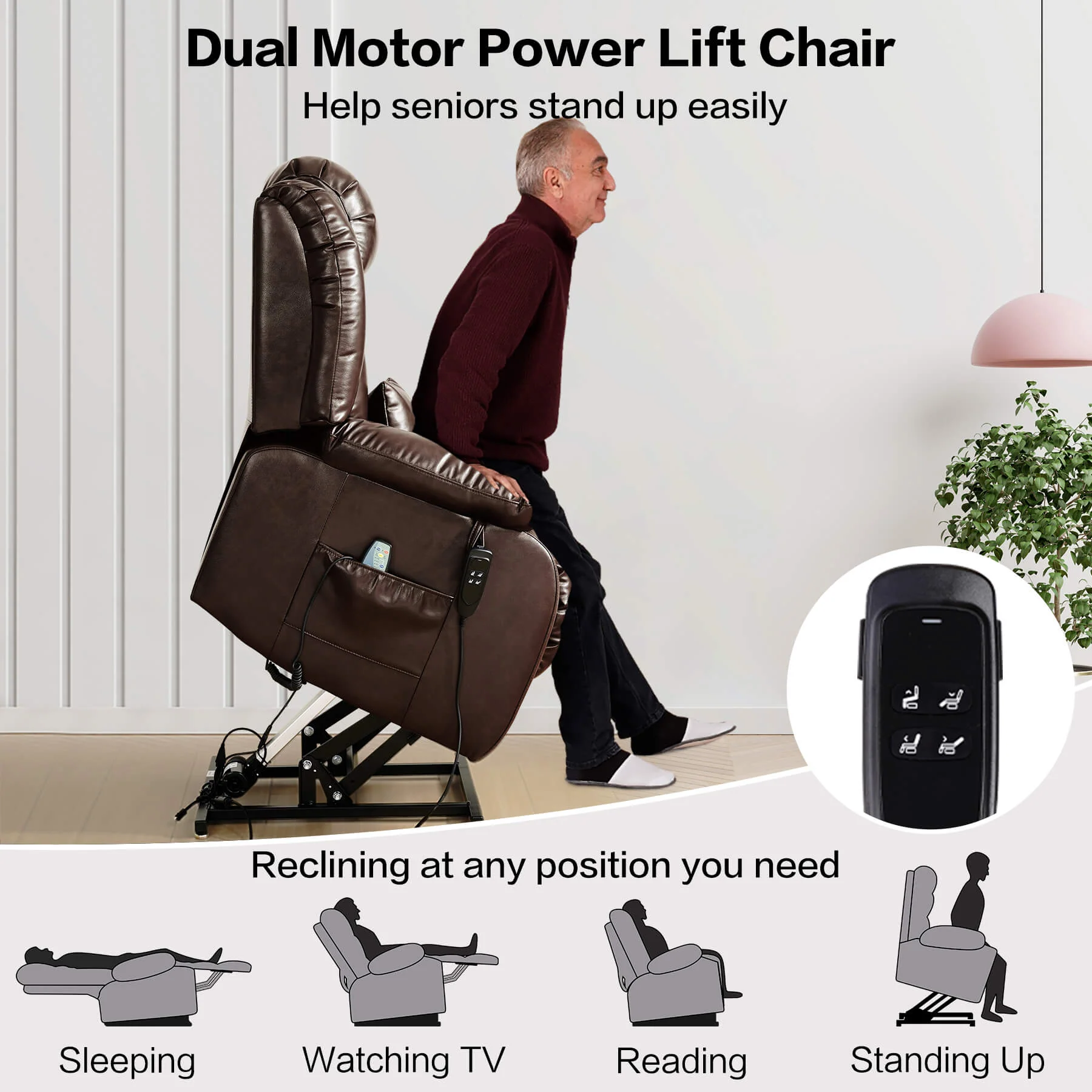 Infinite Position Lift Recliner Chair W/ Massage and Heating, Power by Dual Motor, Real Leather - Image 4