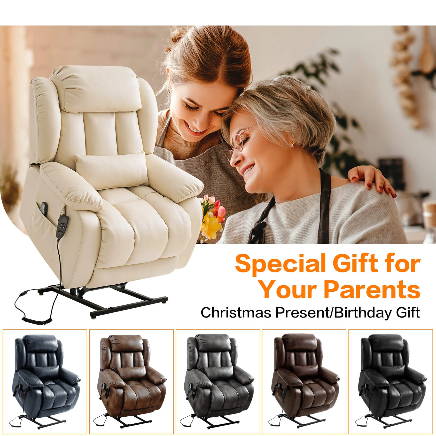 Infinite Position Lift Recliner Chair W/ Massage and Heating, Power by Dual Motor, Real Leather - Image 43