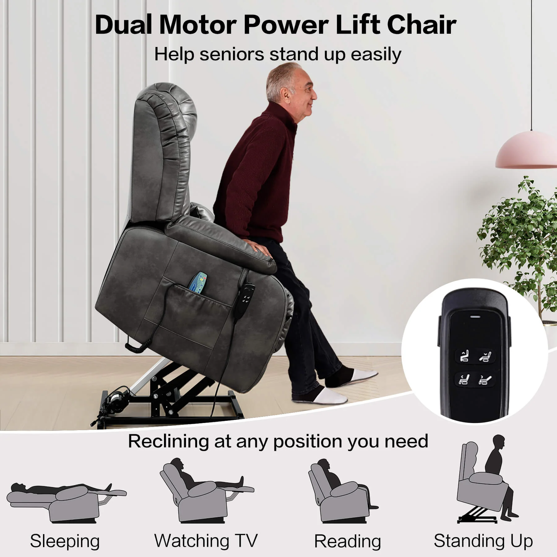 Infinite Position Lift Recliner Chair W/ Massage and Heating, Power by Dual Motor, Real Leather - Image 48