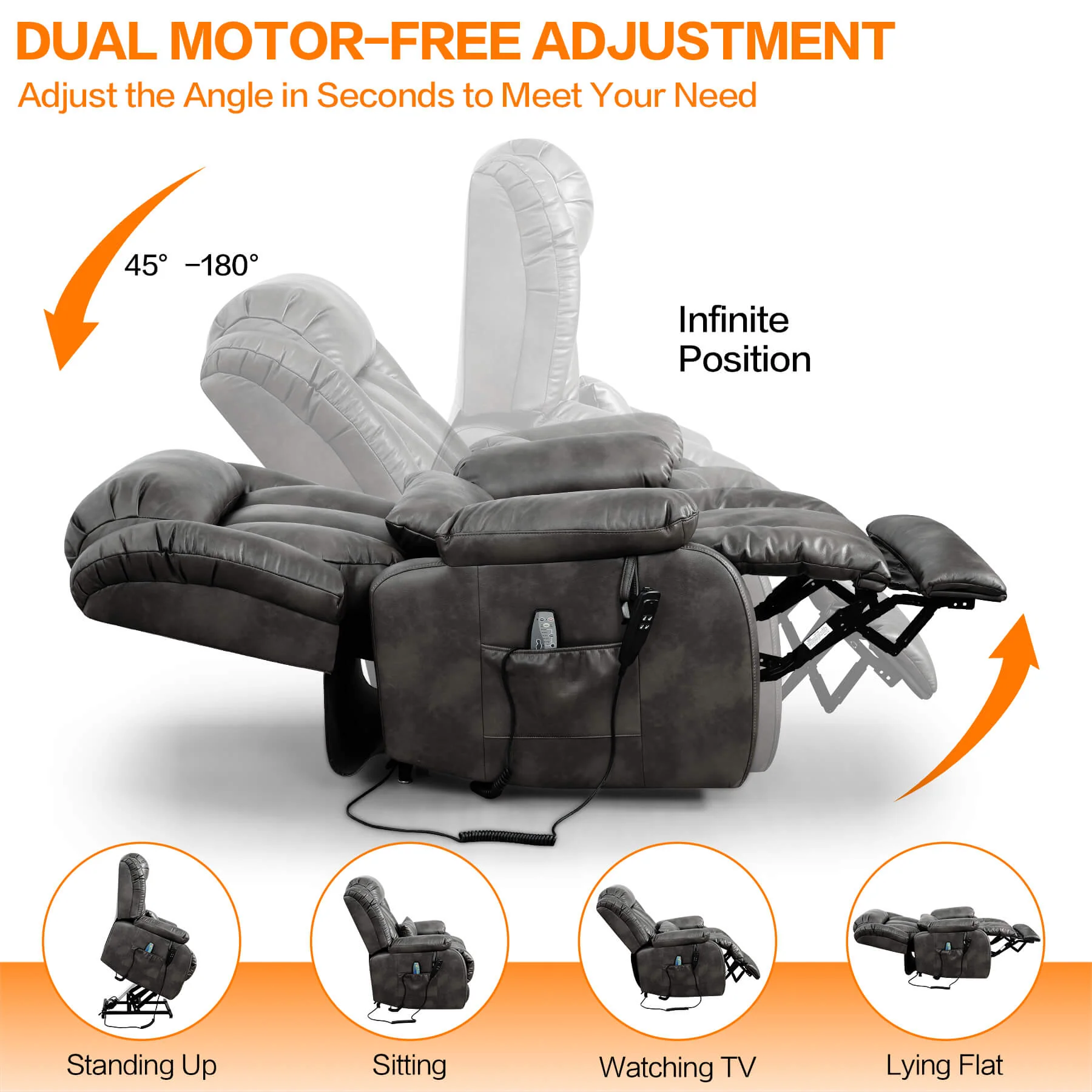 Infinite Position Lift Recliner Chair W/ Massage and Heating, Power by Dual Motor, Real Leather - Image 49