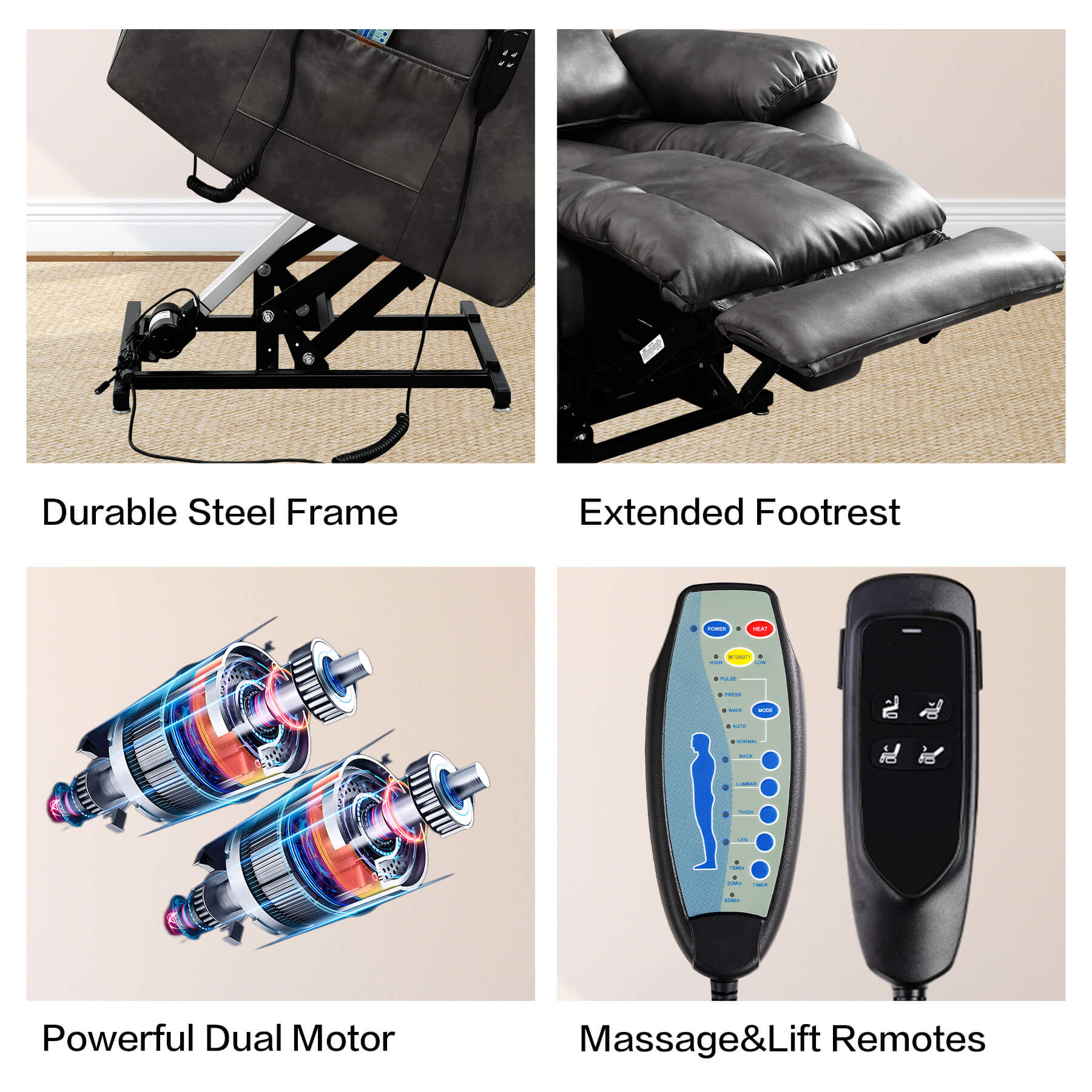 Infinite Position Lift Recliner Chair W/ Massage and Heating, Power by Dual Motor, Real Leather - Image 52