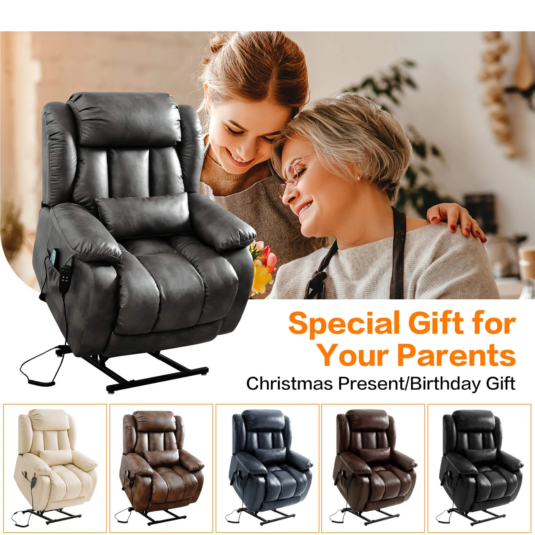 Infinite Position Lift Recliner Chair W/ Massage and Heating, Power by Dual Motor, Real Leather - Image 54