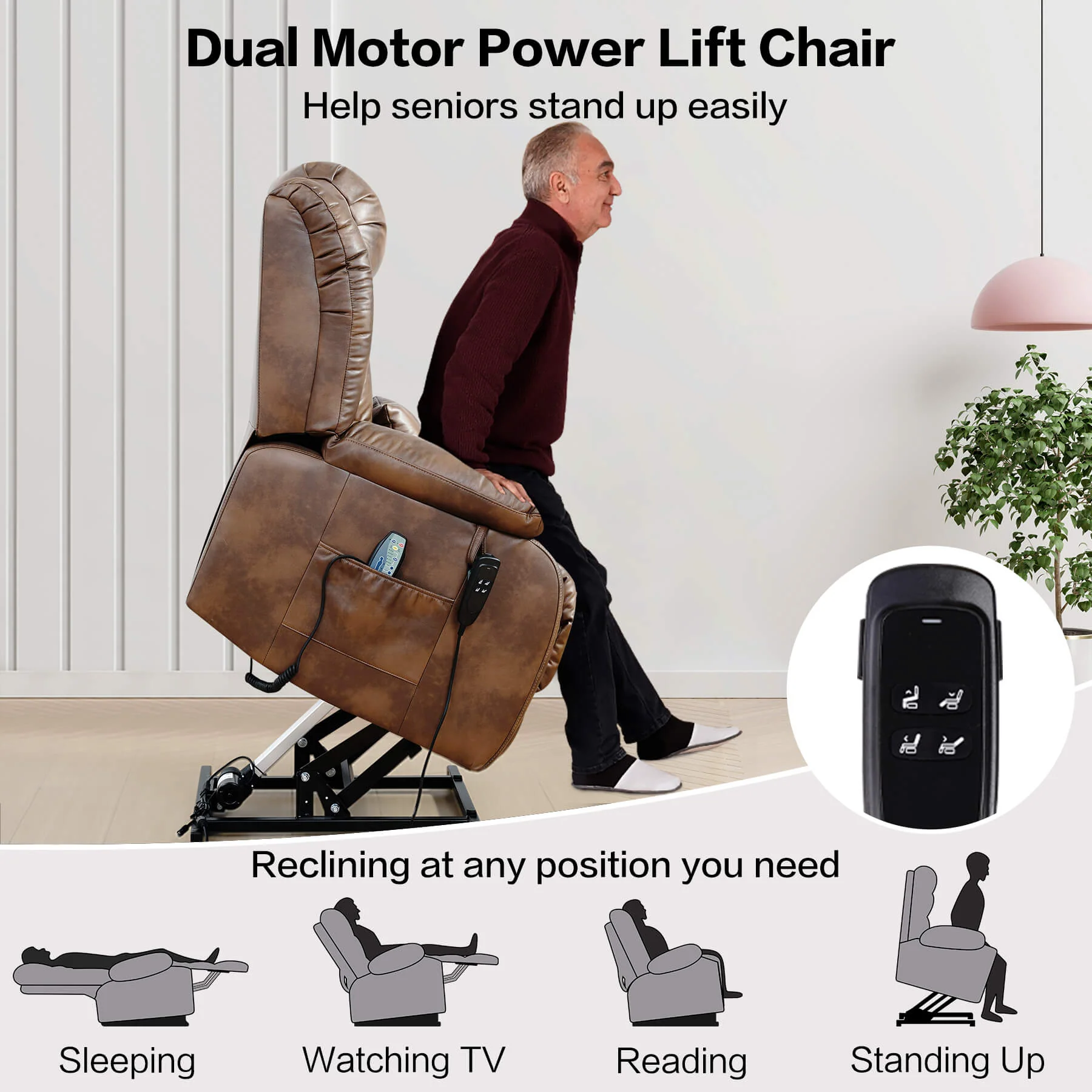 Infinite Position Lift Recliner Chair W/ Massage and Heating, Power by Dual Motor, Real Leather - Image 59