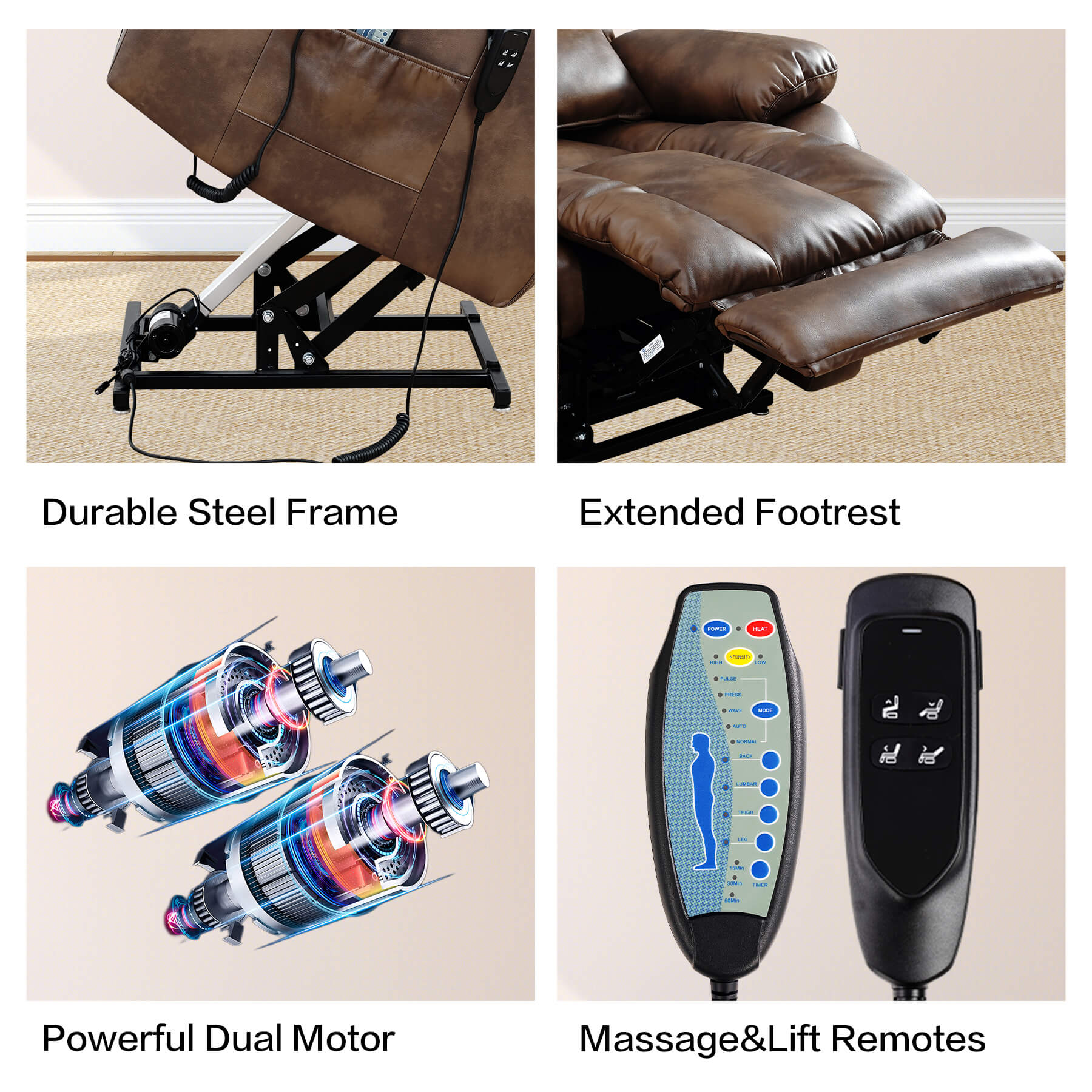 Infinite Position Lift Recliner Chair W/ Massage and Heating, Power by Dual Motor, Real Leather - Image 63