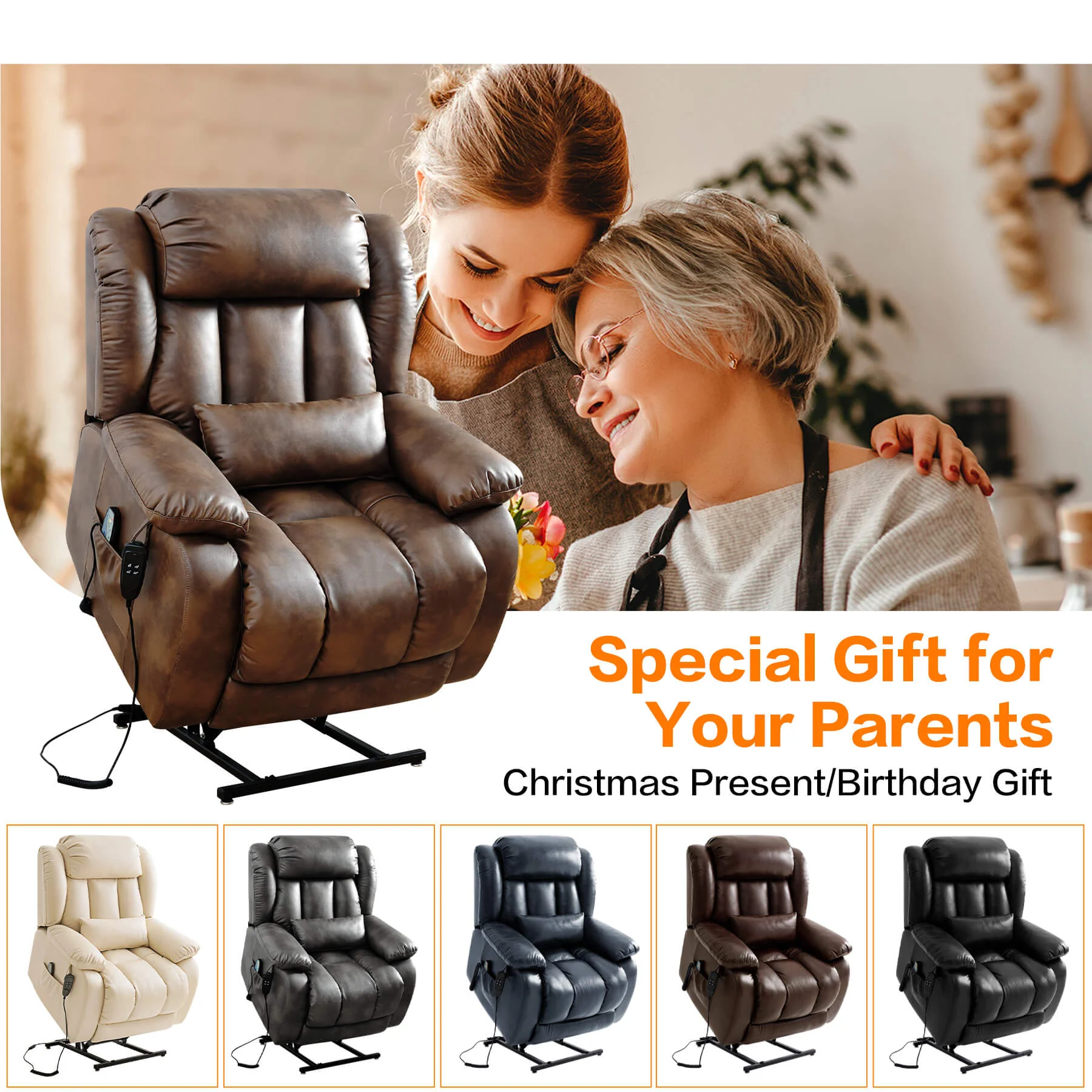 Infinite Position Lift Recliner Chair W/ Massage and Heating, Power by Dual Motor, Real Leather - Image 65