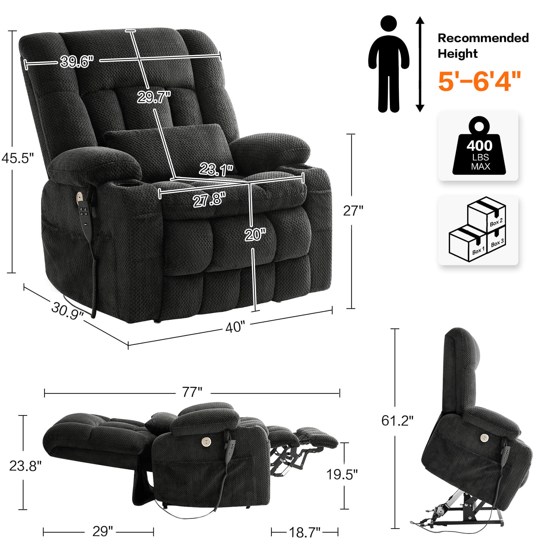 Oversized Infinite Position Power Lift Recliner Chair with Massage & Heat, 27.8" Extra Wide Seat, with Cup Holders, One-Touch Reset, Fabric - Image 16