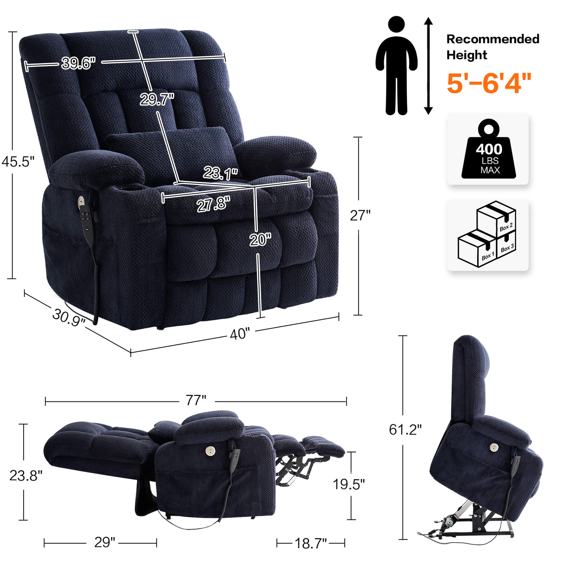 Oversized Infinite Position Power Lift Recliner Chair with Massage & Heat, 27.8" Extra Wide Seat, with Cup Holders, One-Touch Reset, Fabric - Image 3