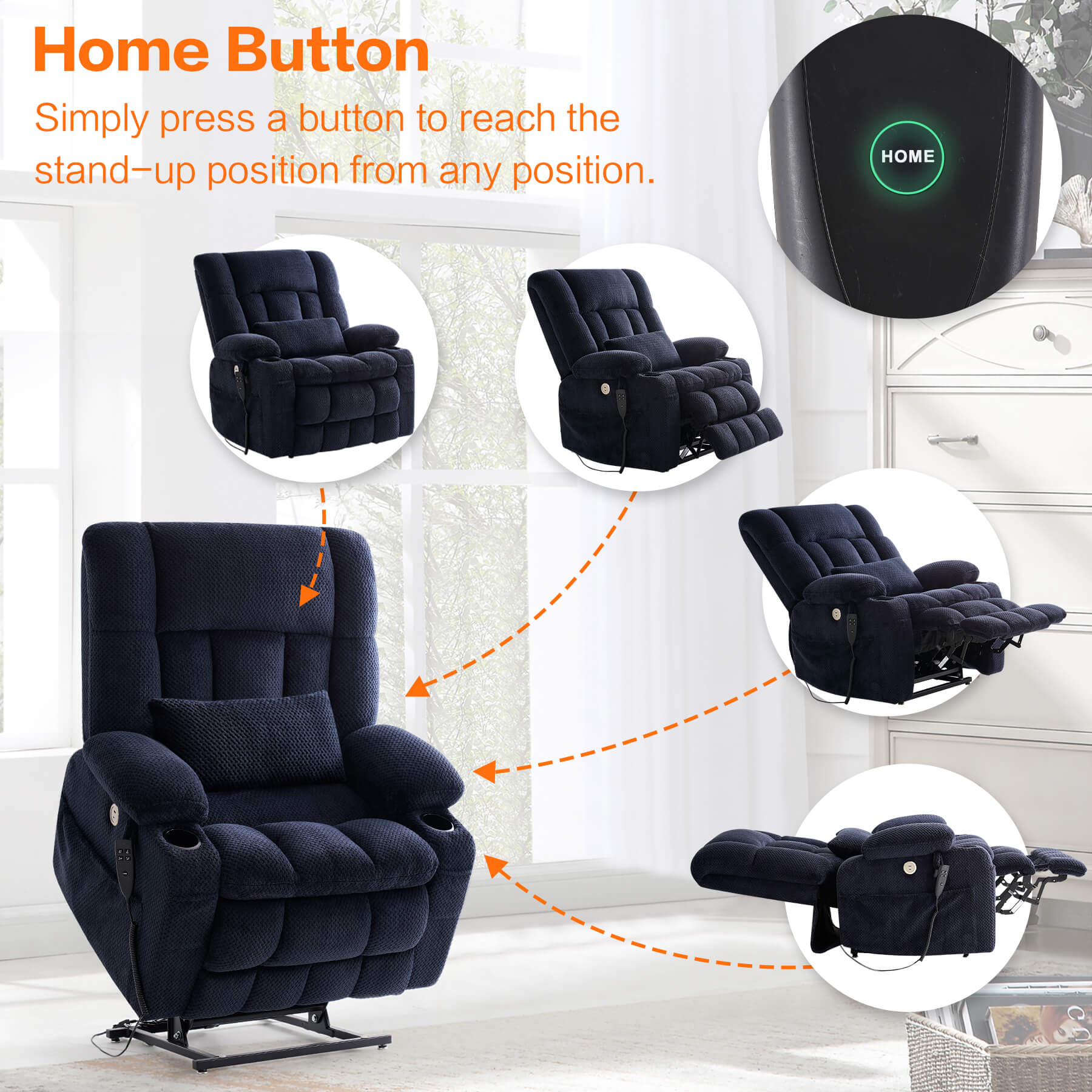 Oversized Infinite Position Power Lift Recliner Chair with Massage & Heat, 27.8" Extra Wide Seat, with Cup Holders, One-Touch Reset, Fabric - Image 6
