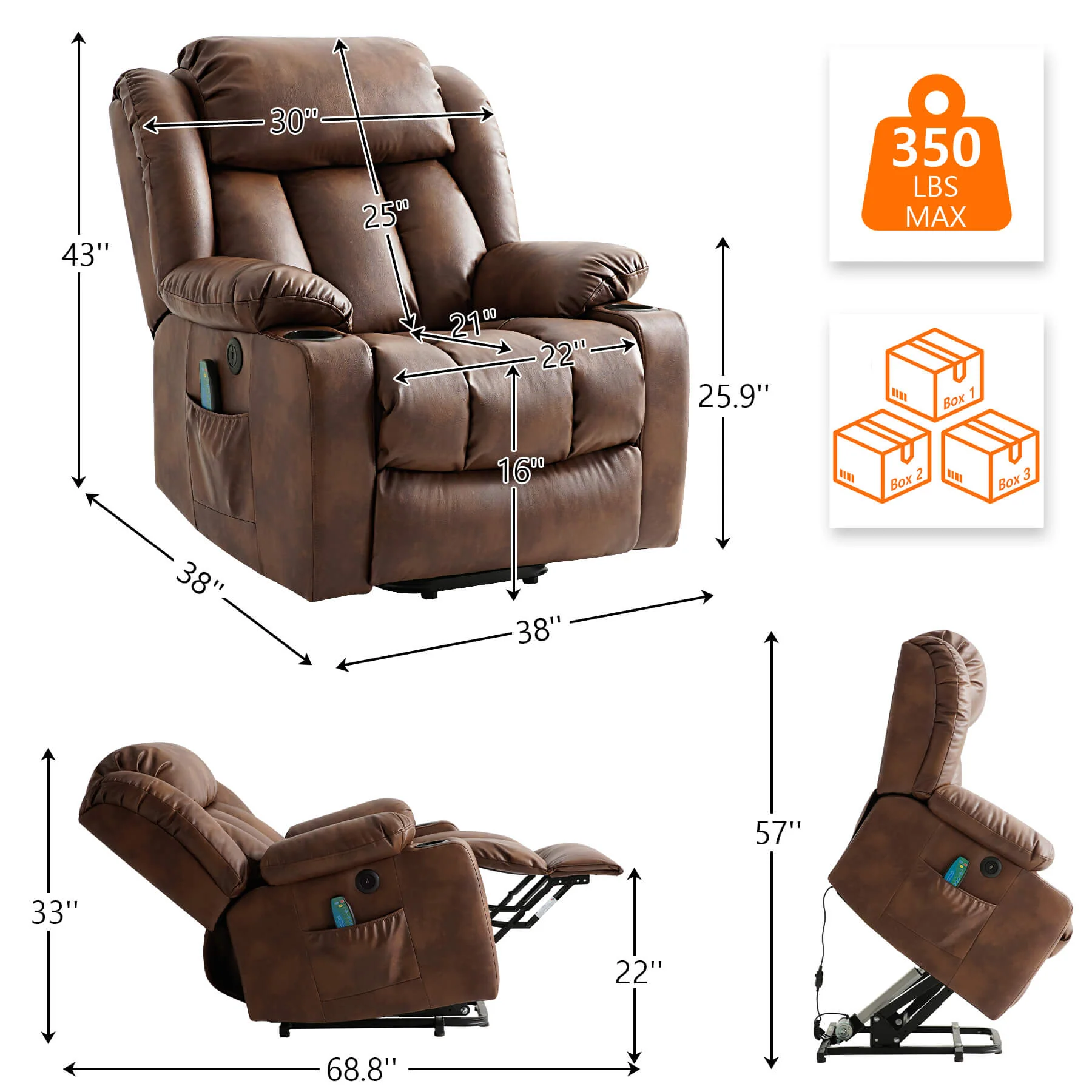 Luxury Power Lift Recliner Chair with Vibration Massage and Heating, Ochre - Image 3