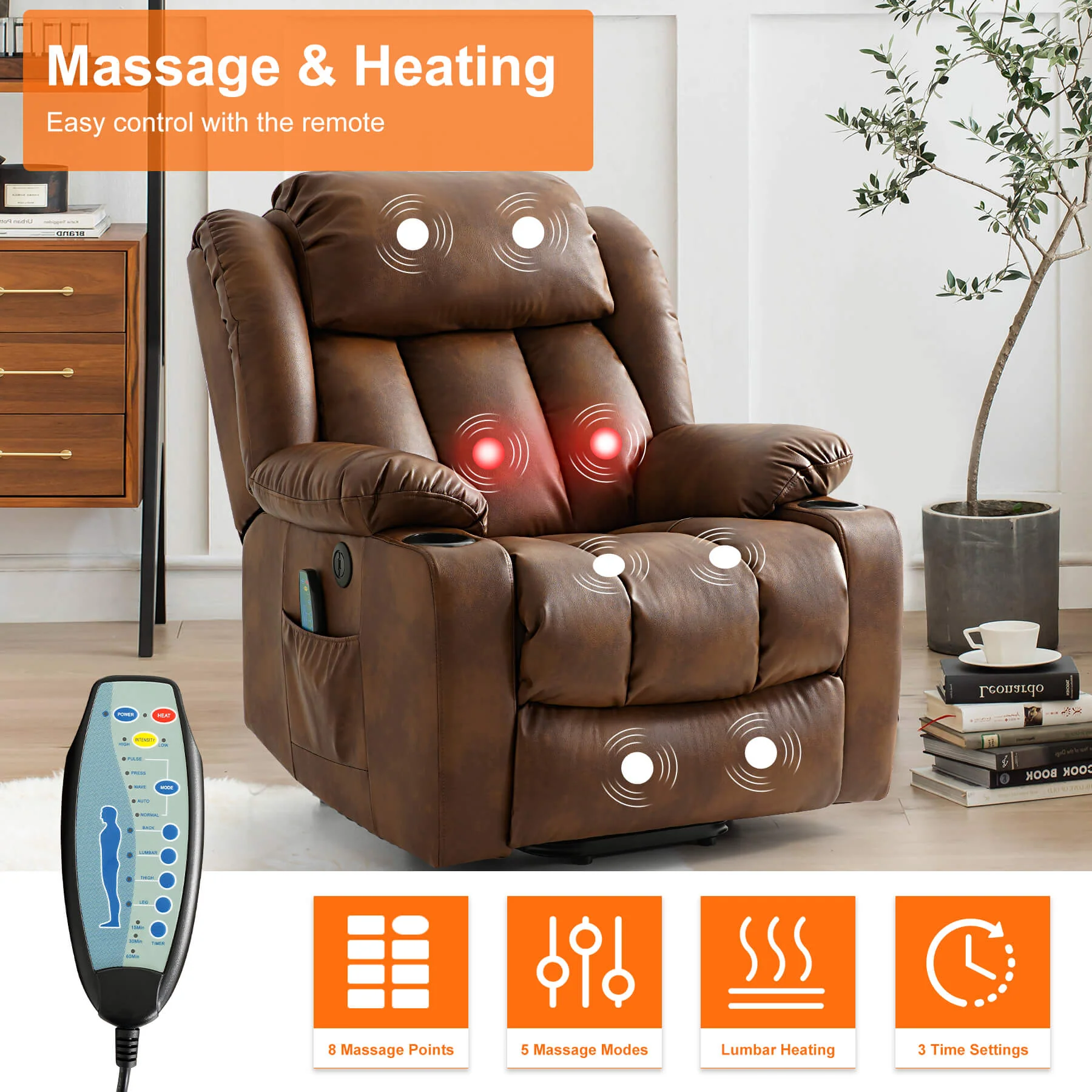 Luxury Power Lift Recliner Chair with Vibration Massage and Heating, Ochre - Image 4
