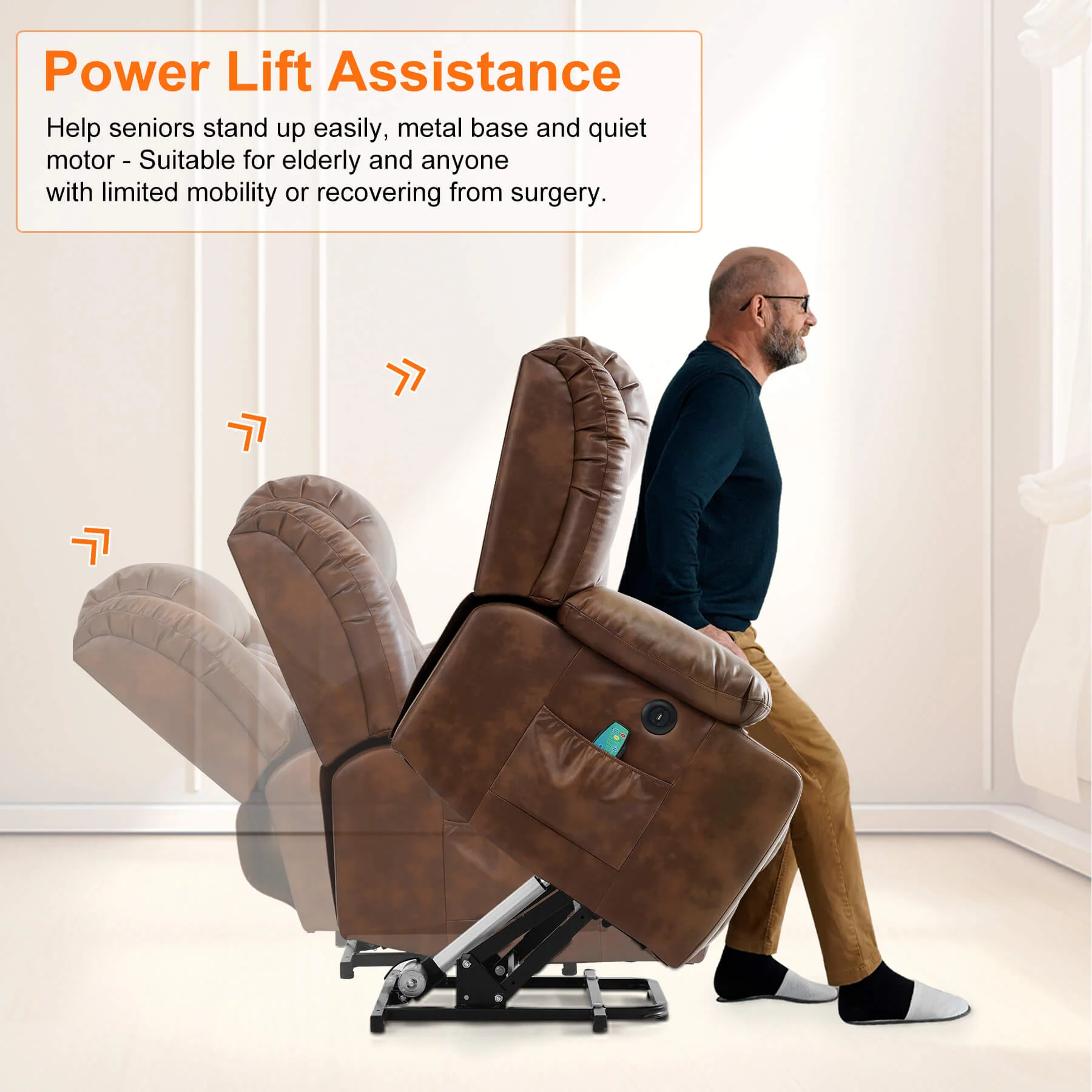 Luxury Power Lift Recliner Chair with Vibration Massage and Heating, Ochre - Image 5