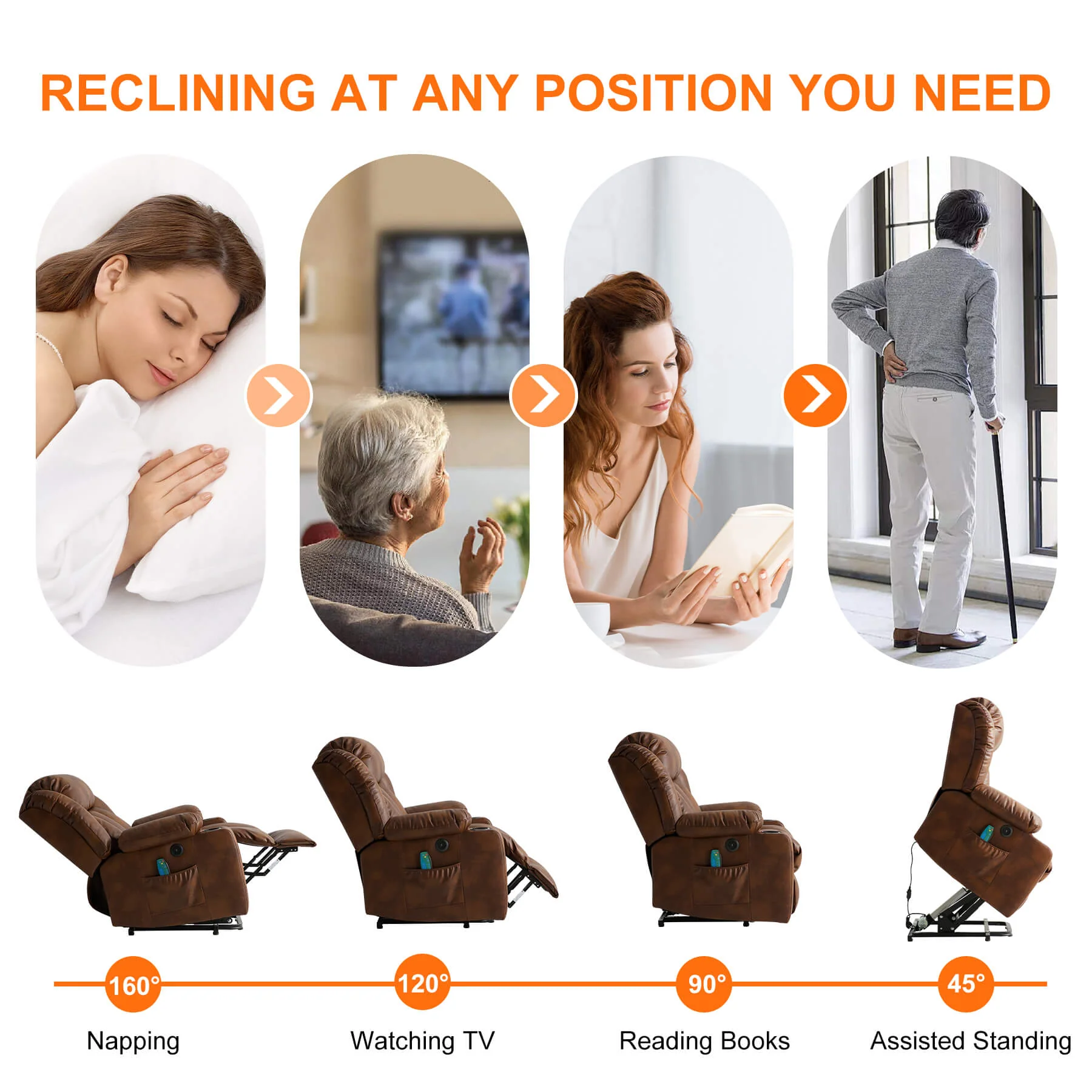 Luxury Power Lift Recliner Chair with Vibration Massage and Heating, Ochre - Image 9