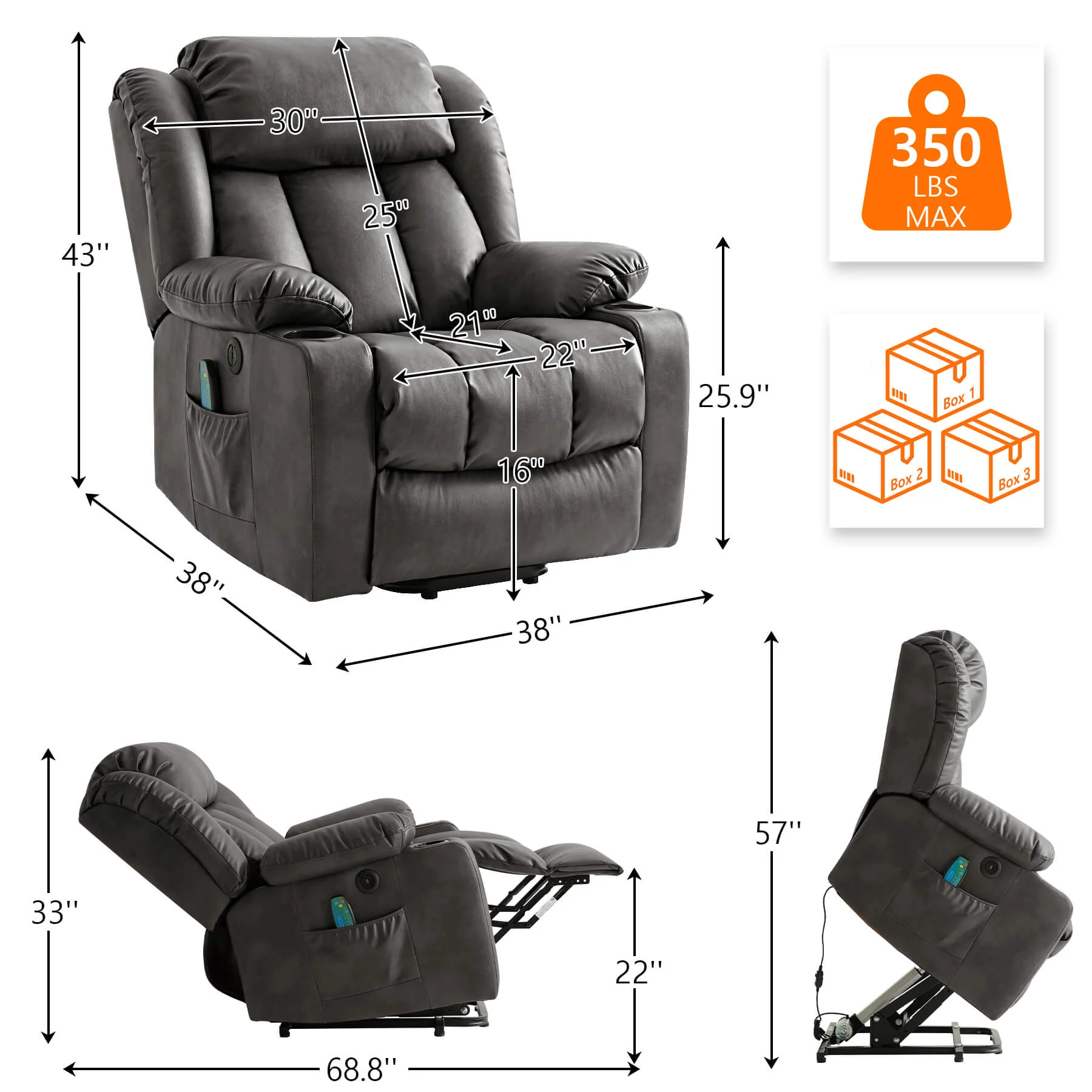 Luxury Power Lift Recliner Chair with Vibration Massage and Heating, Grey - Image 3