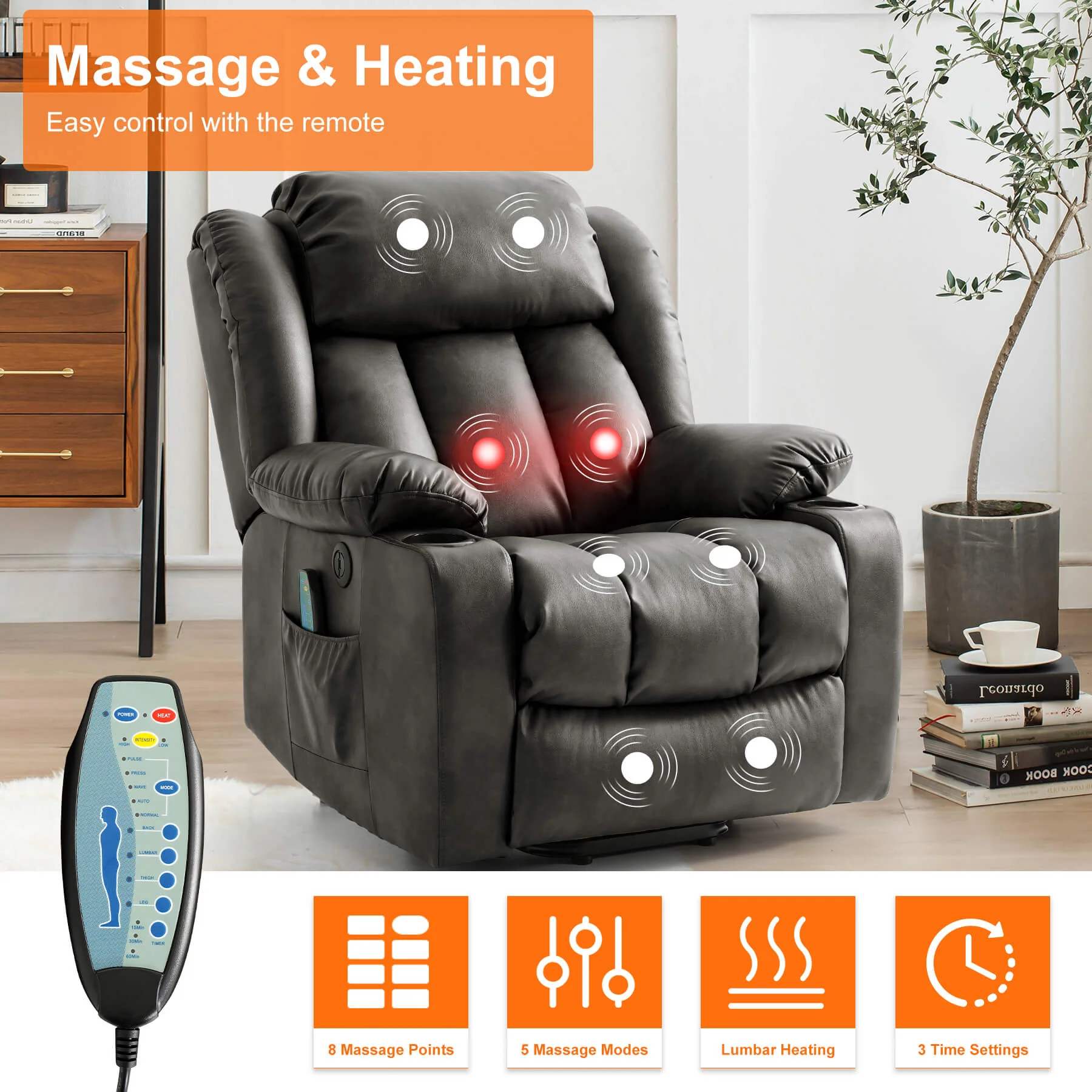 Luxury Power Lift Recliner Chair with Vibration Massage and Heating, Grey - Image 4