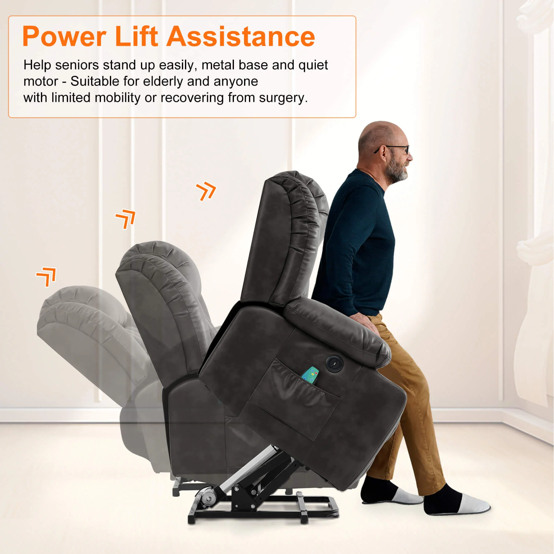 Luxury Power Lift Recliner Chair with Vibration Massage and Heating, Grey - Image 5