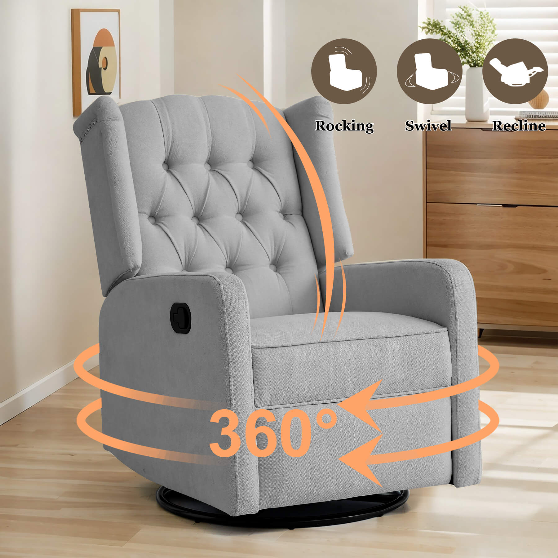 Swivel Rocking Nursery Recliner Chair, Manual Reclining Glider Chair with Button Tufted Backrest, Fabric - Image 10