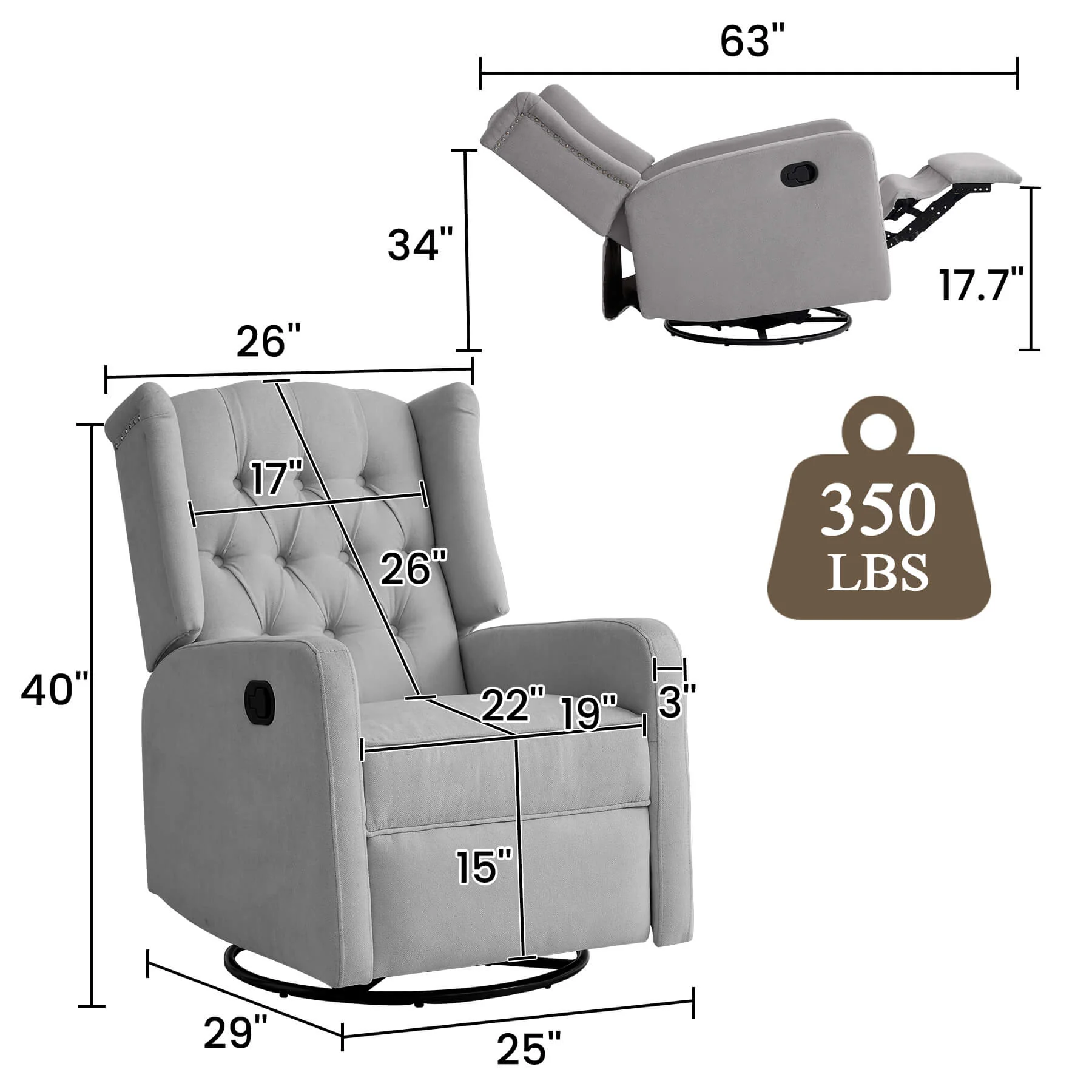 Swivel Rocking Nursery Recliner Chair, Manual Reclining Glider Chair with Button Tufted Backrest, Fabric - Image 11