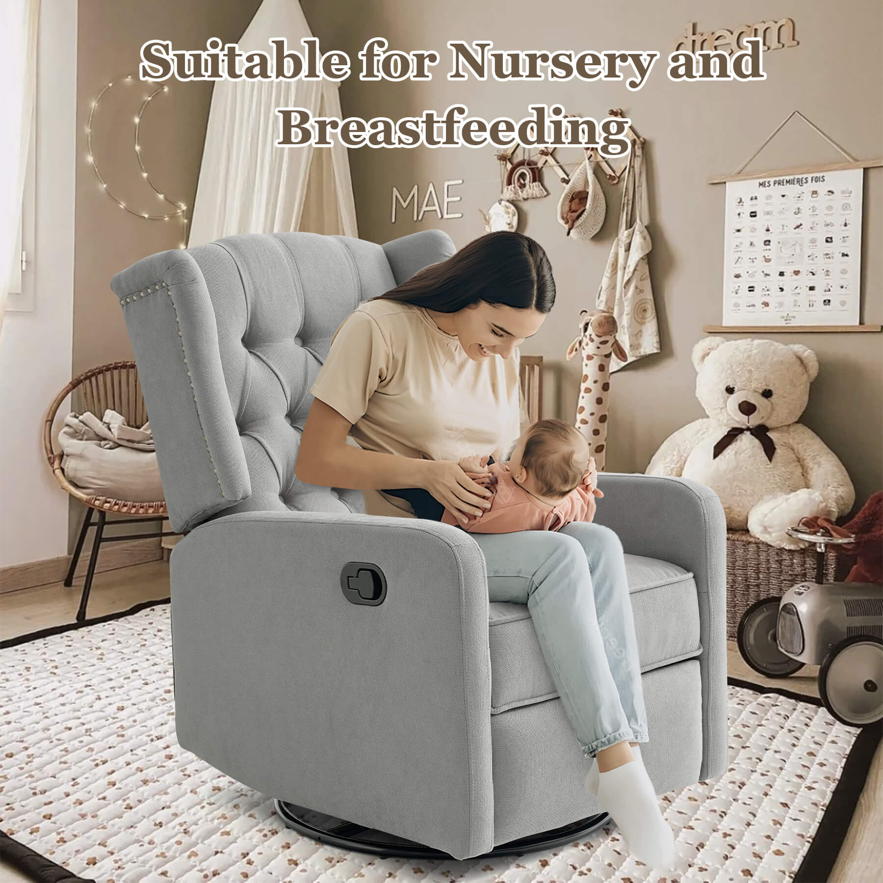 Swivel Rocking Nursery Recliner Chair, Manual Reclining Glider Chair with Button Tufted Backrest, Fabric - Image 12