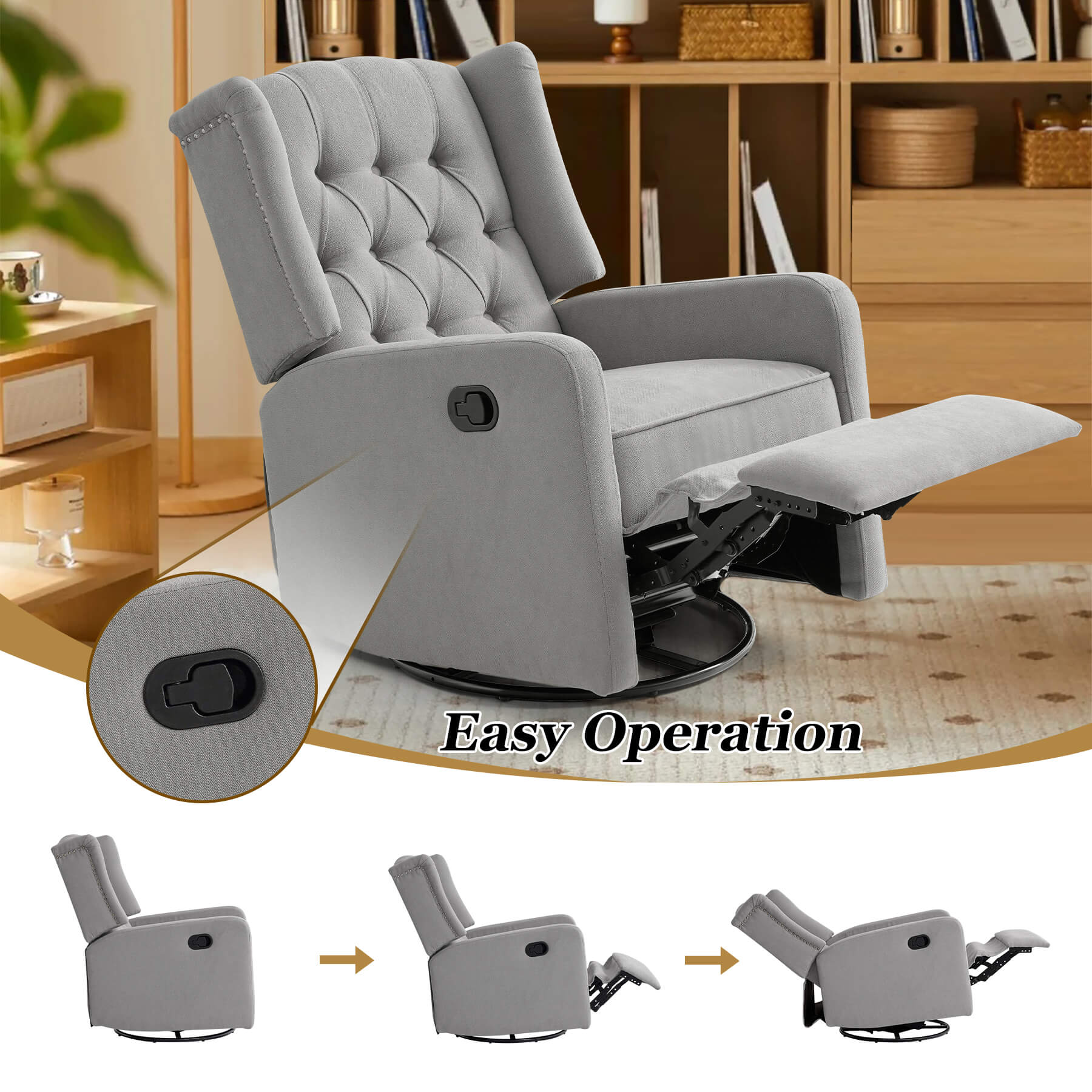 Swivel Rocking Nursery Recliner Chair, Manual Reclining Glider Chair with Button Tufted Backrest, Fabric - Image 13