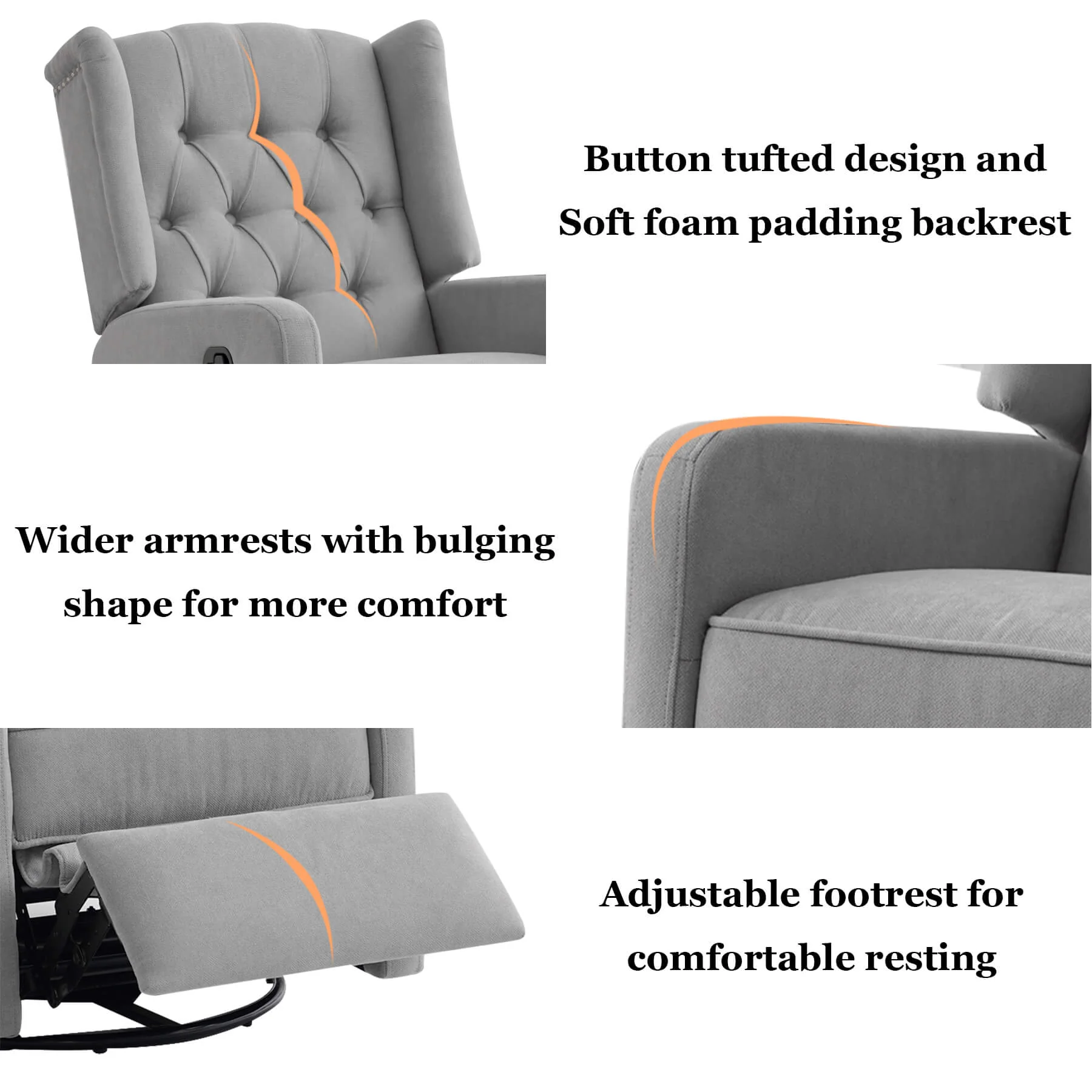 Swivel Rocking Nursery Recliner Chair, Manual Reclining Glider Chair with Button Tufted Backrest, Fabric - Image 14