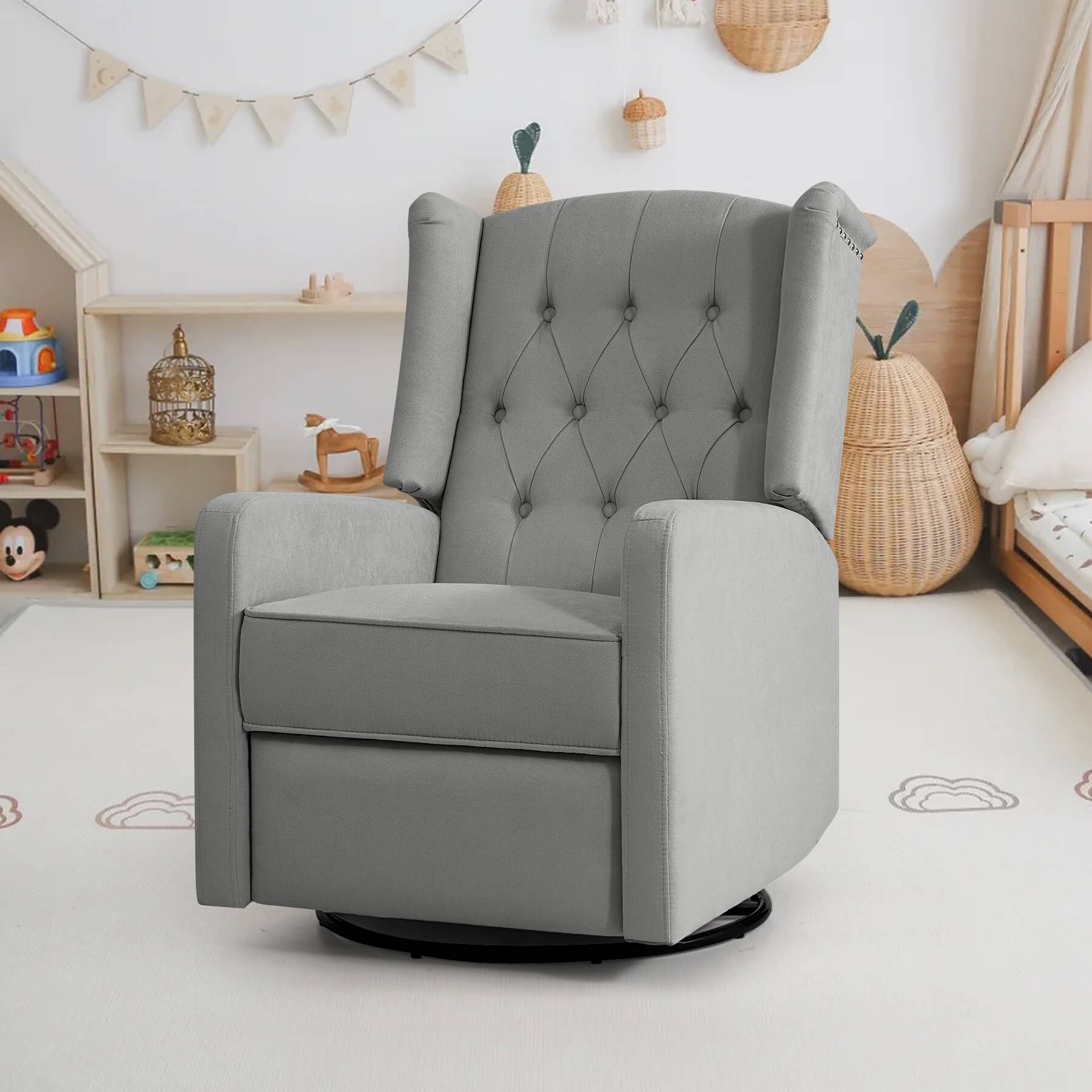 Swivel Rocking Nursery Recliner Chair, Manual Reclining Glider Chair with Button Tufted Backrest, Fabric - Image 15