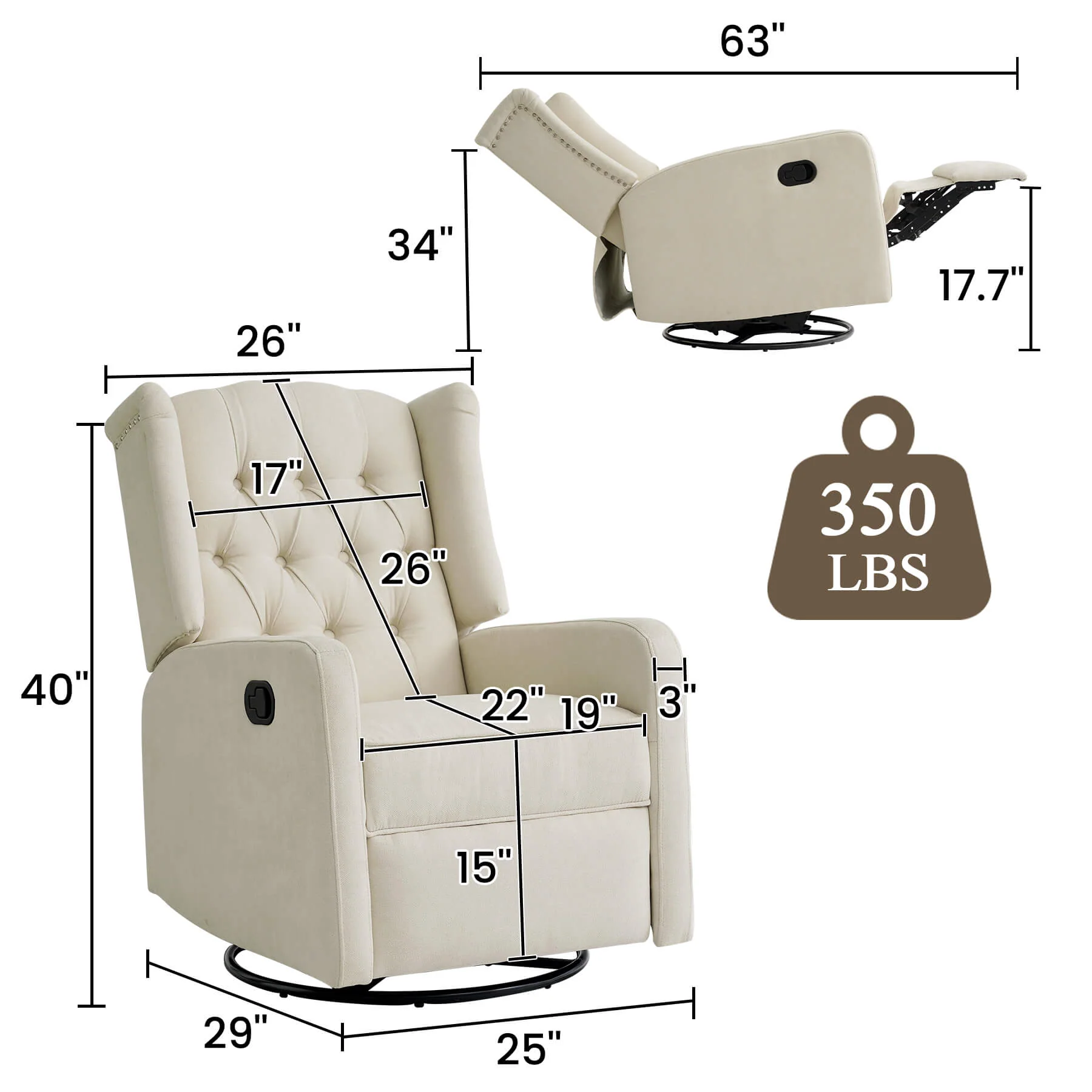 Swivel Rocking Nursery Recliner Chair, Manual Reclining Glider Chair with Button Tufted Backrest, Fabric - Image 3
