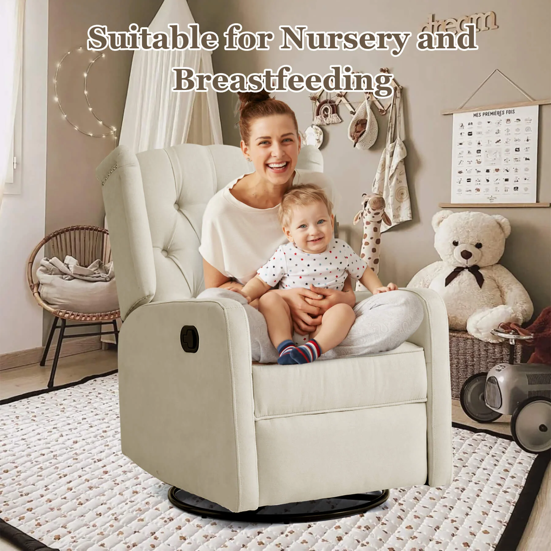 Swivel Rocking Nursery Recliner Chair, Manual Reclining Glider Chair with Button Tufted Backrest, Fabric - Image 4