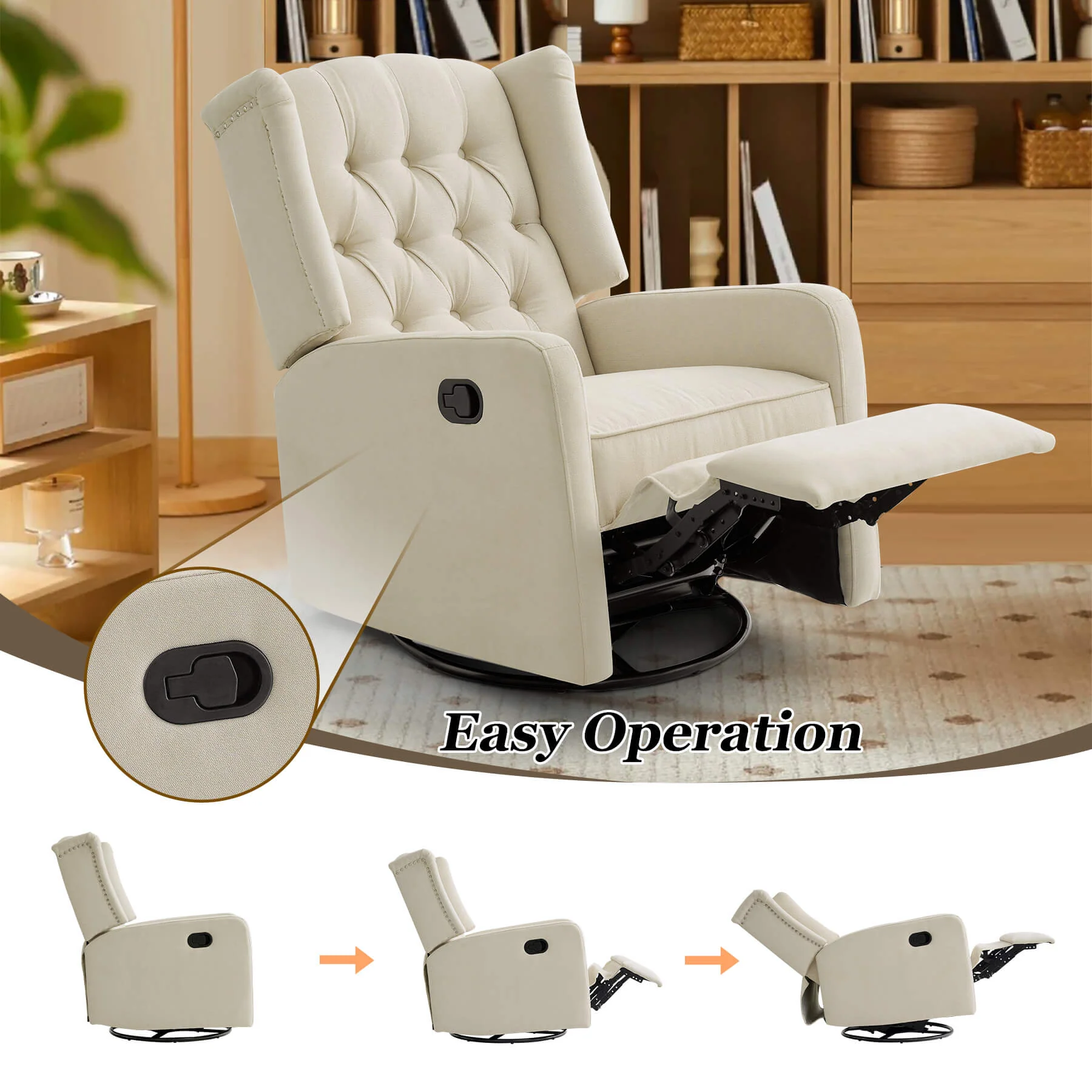 Swivel Rocking Nursery Recliner Chair, Manual Reclining Glider Chair with Button Tufted Backrest, Fabric - Image 5