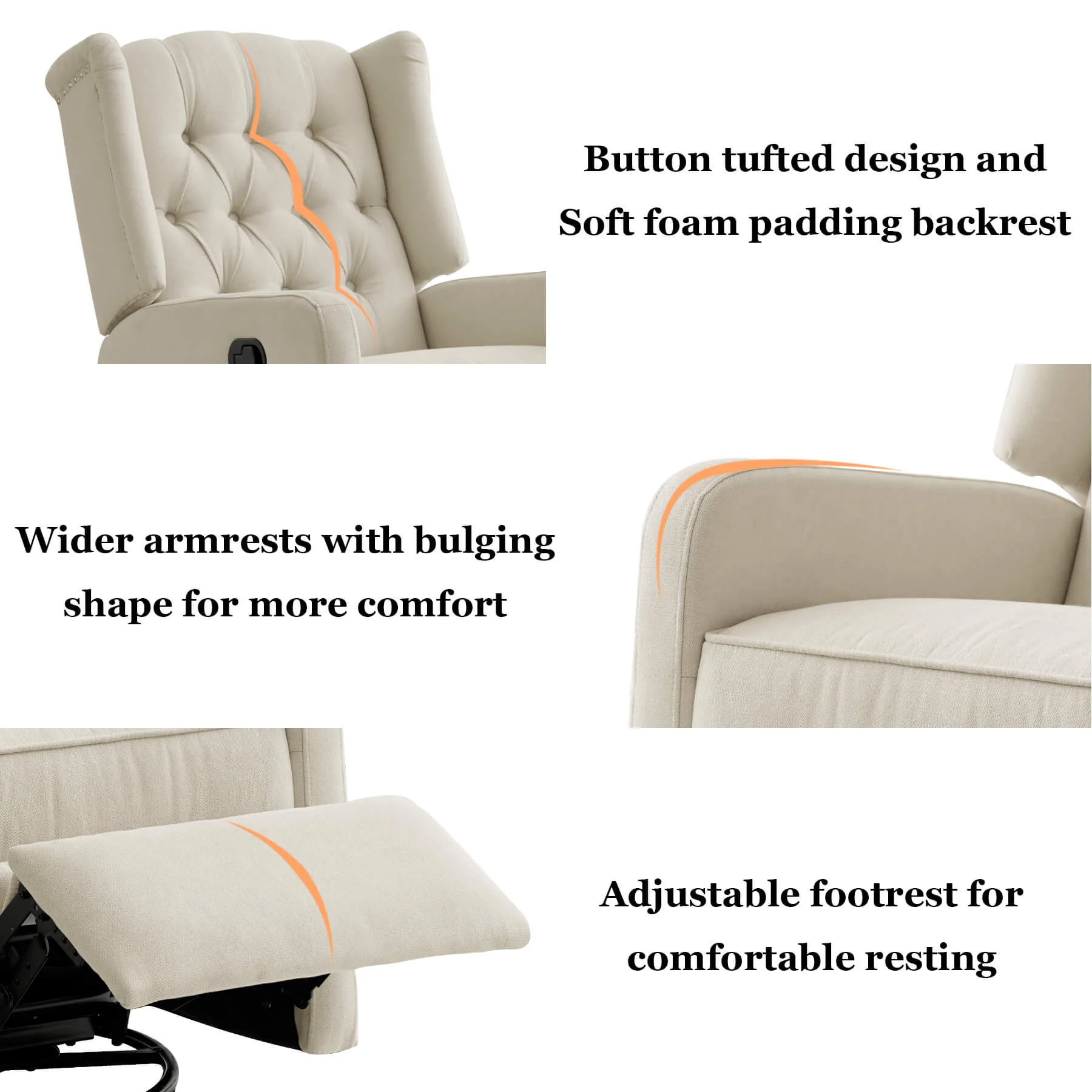 Swivel Rocking Nursery Recliner Chair, Manual Reclining Glider Chair with Button Tufted Backrest, Fabric - Image 6