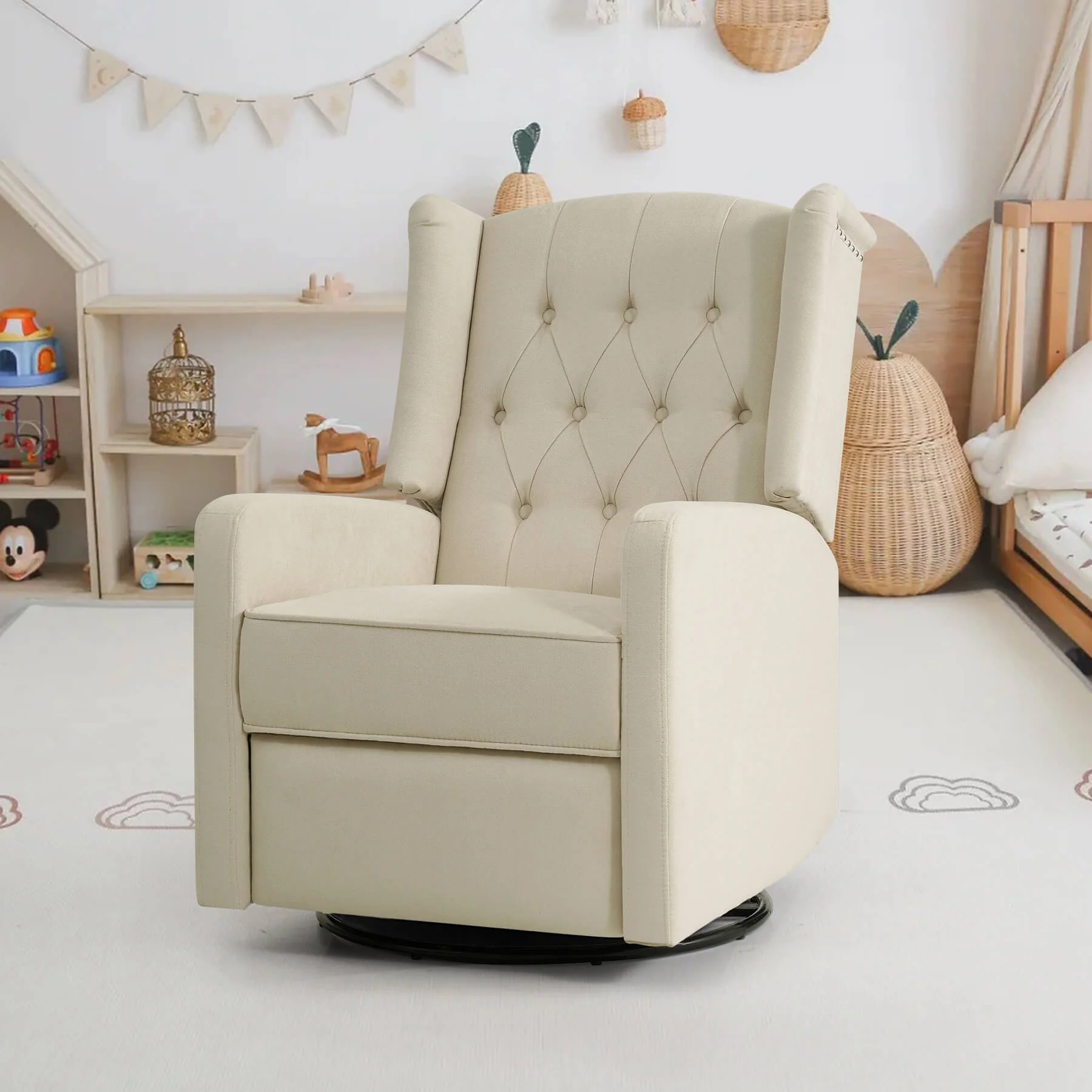 Swivel Rocking Nursery Recliner Chair, Manual Reclining Glider Chair with Button Tufted Backrest, Fabric - Image 7