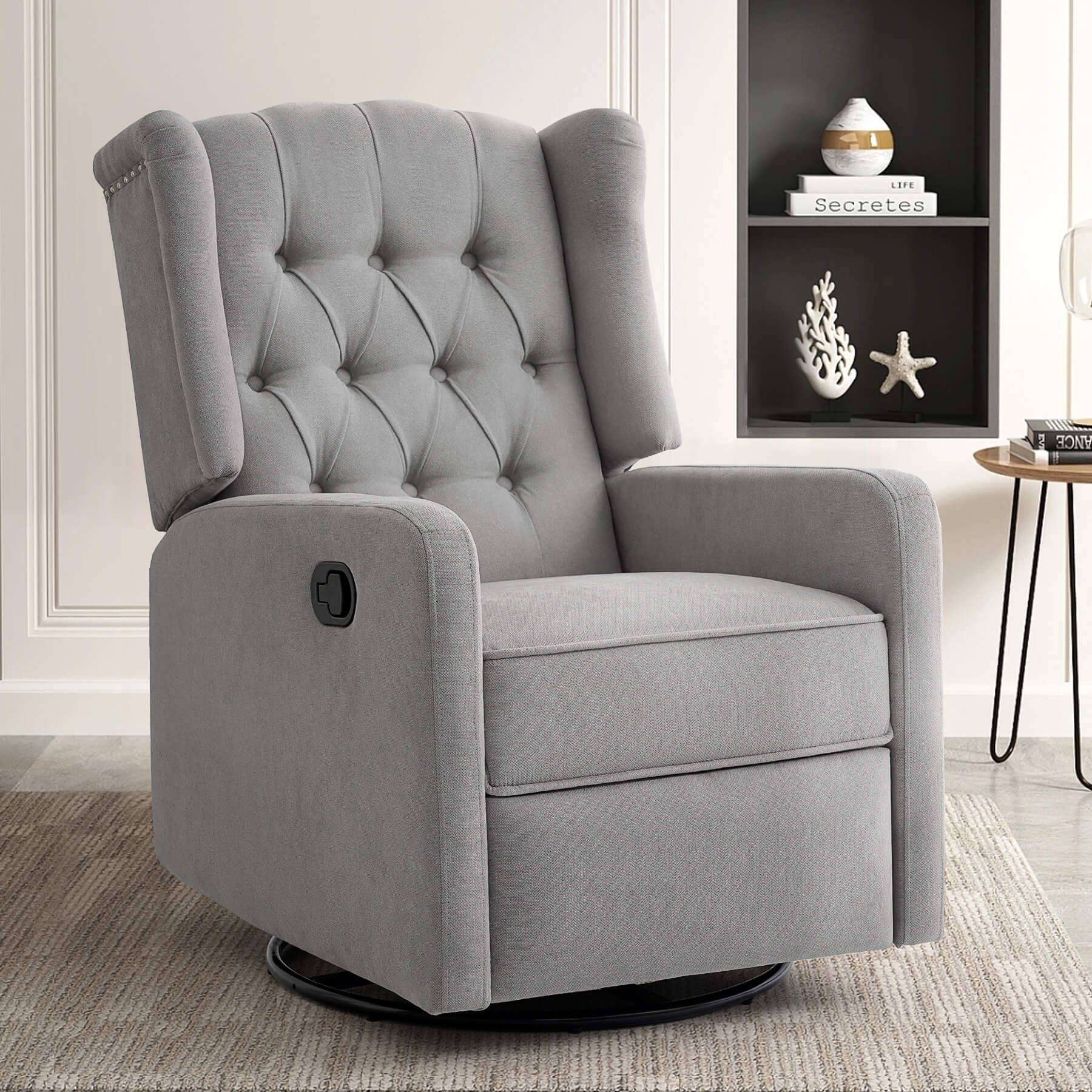 Swivel Rocking Nursery Recliner Chair, Manual Reclining Glider Chair with Button Tufted Backrest, Fabric - Image 9