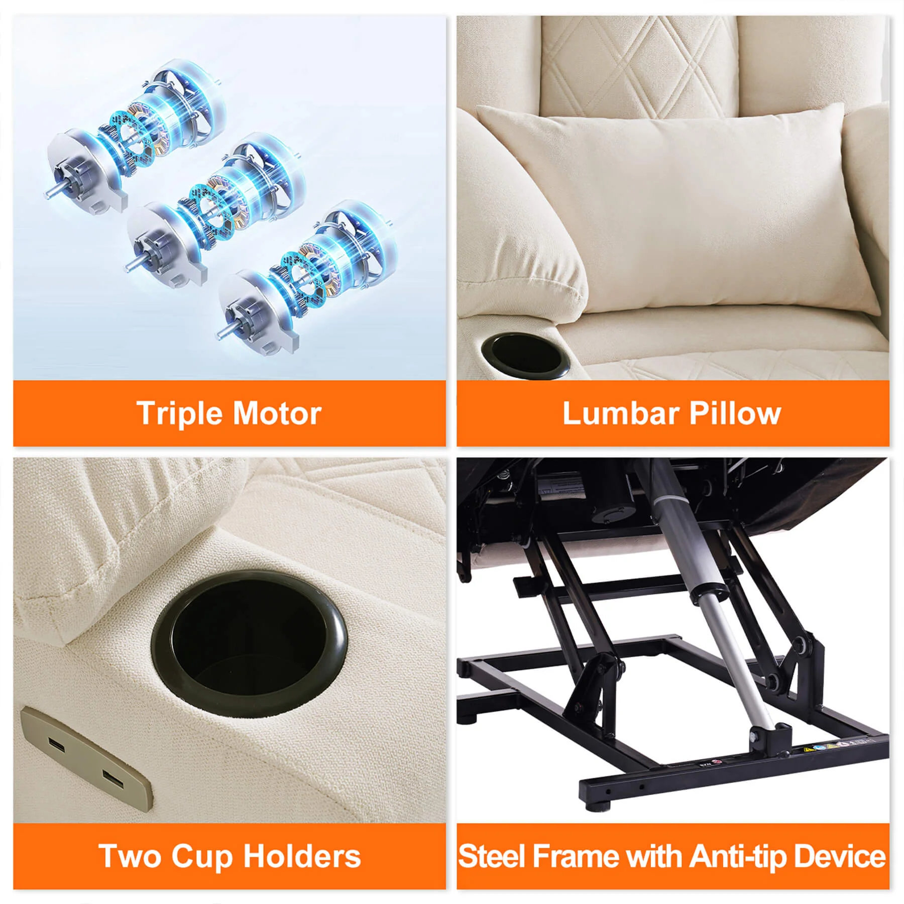 Triple Motor Infinite Position Power Lift Recliner Chair with Adjustable Headrest, Massage & Heat, with Cup Holders - Image 29