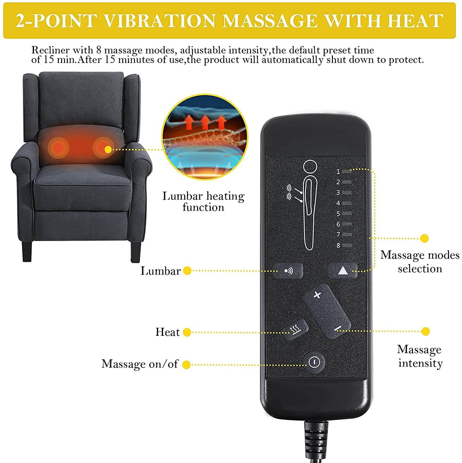 Wingback Recliner Chair with Heating and Vibrating Massage, Fabric - Image 11