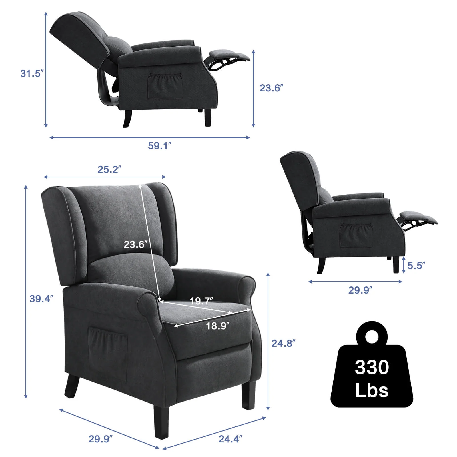 Wingback Recliner Chair with Heating and Vibrating Massage, Fabric - Image 12
