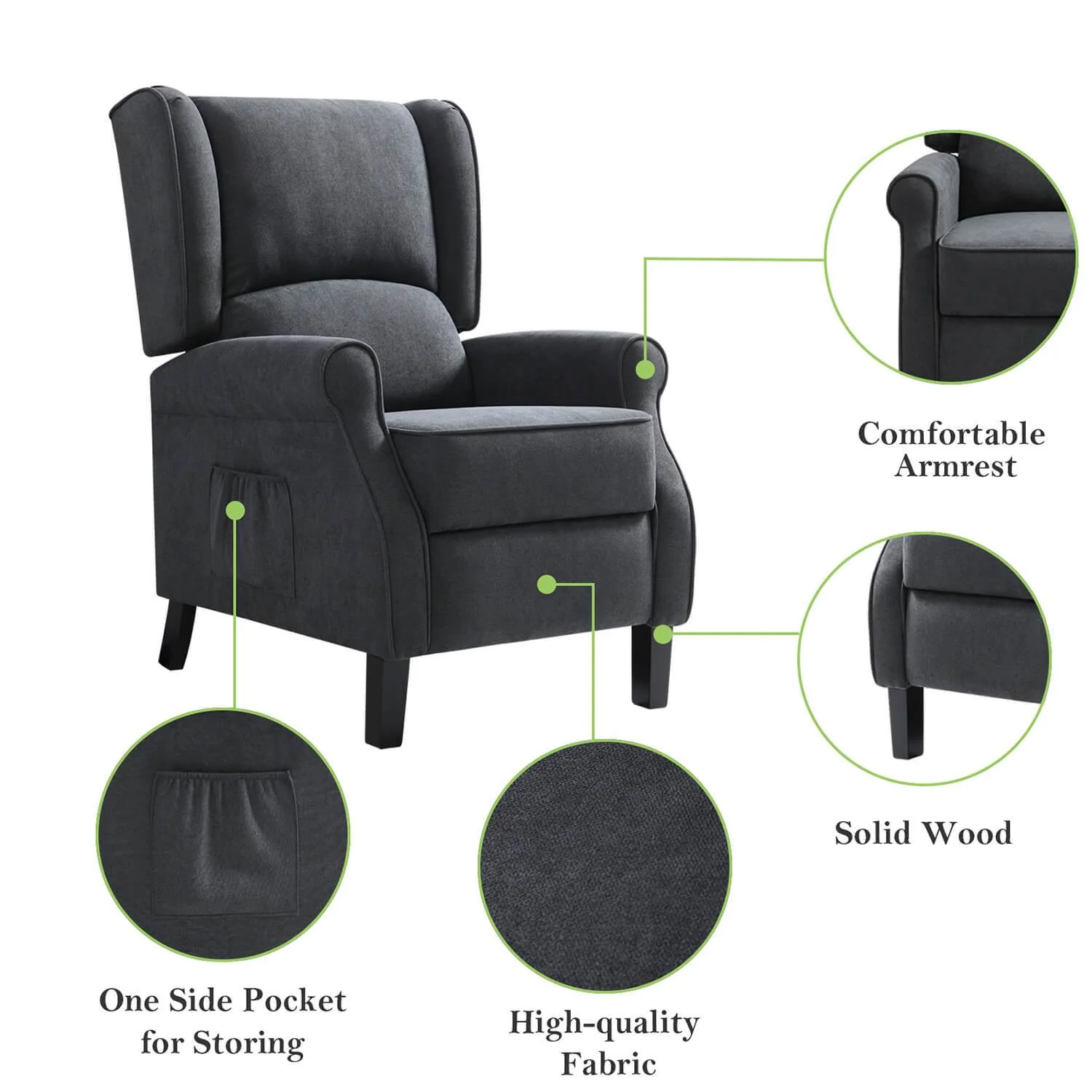 Wingback Recliner Chair with Heating and Vibrating Massage, Fabric - Image 13