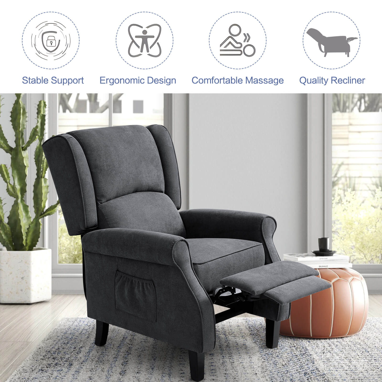 Wingback Recliner Chair with Heating and Vibrating Massage, Fabric - Image 16