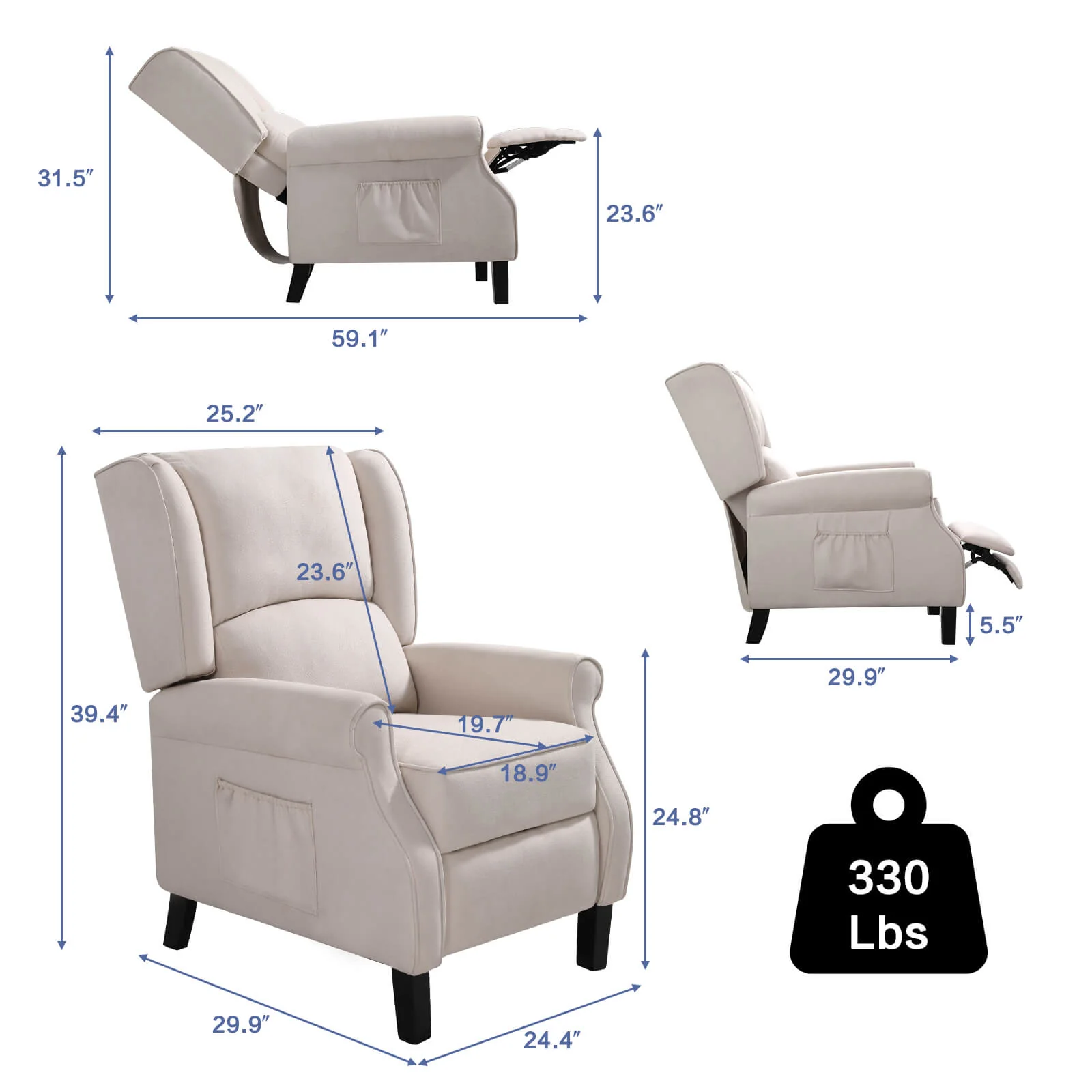 Wingback Recliner Chair with Heating and Vibrating Massage, Fabric - Image 3