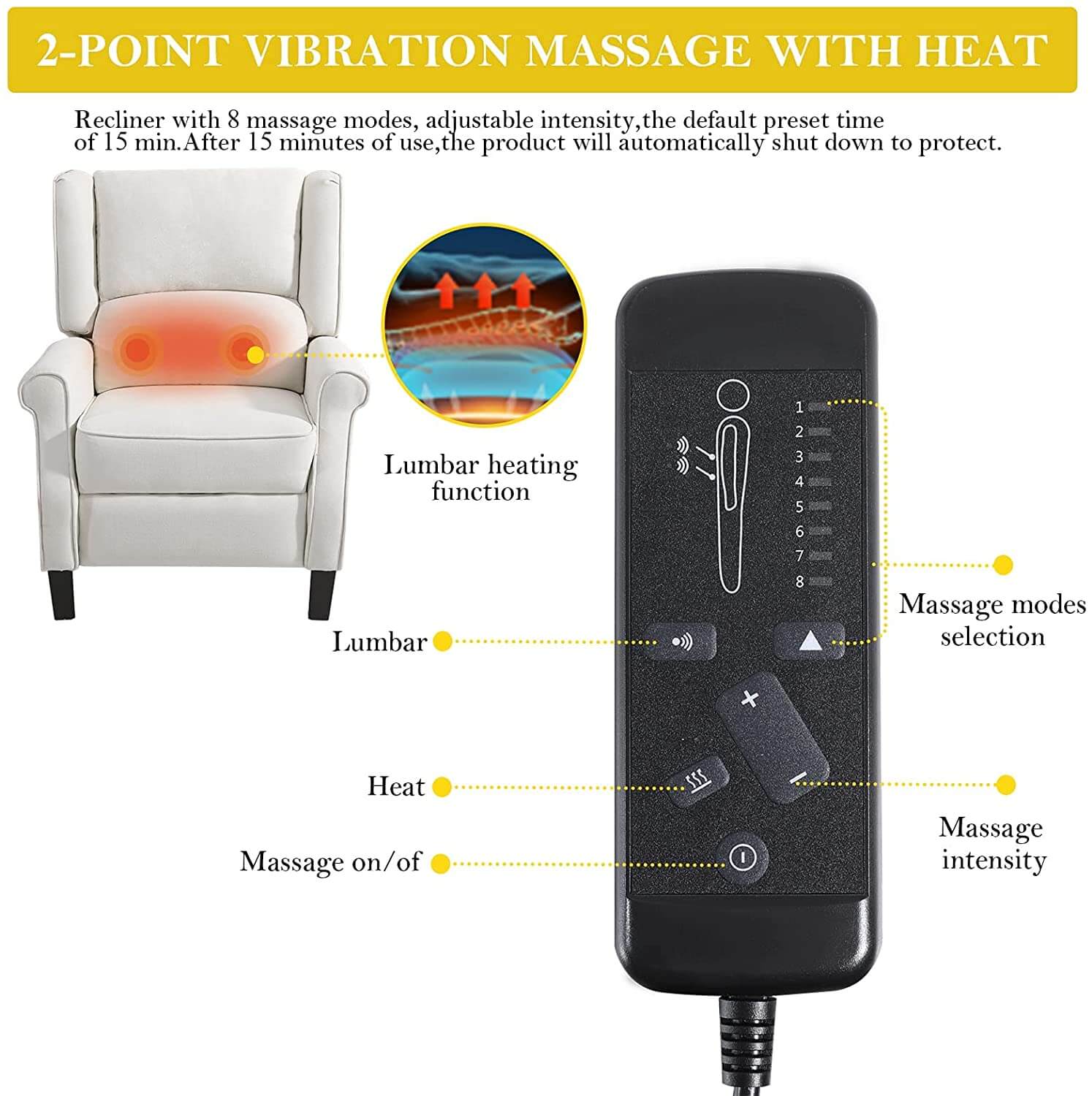 Wingback Recliner Chair with Heating and Vibrating Massage, Fabric - Image 4