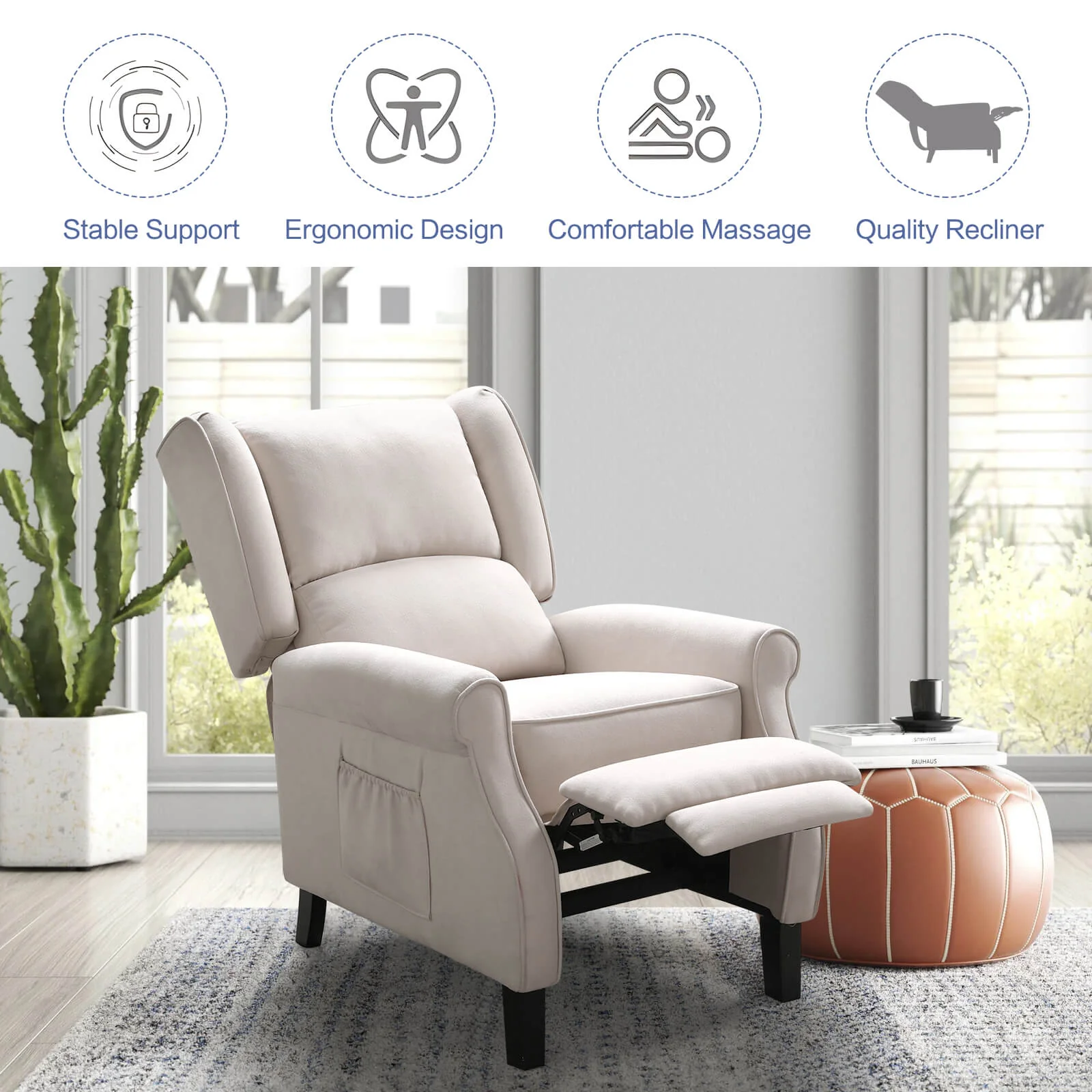Wingback Recliner Chair with Heating and Vibrating Massage, Fabric - Image 5