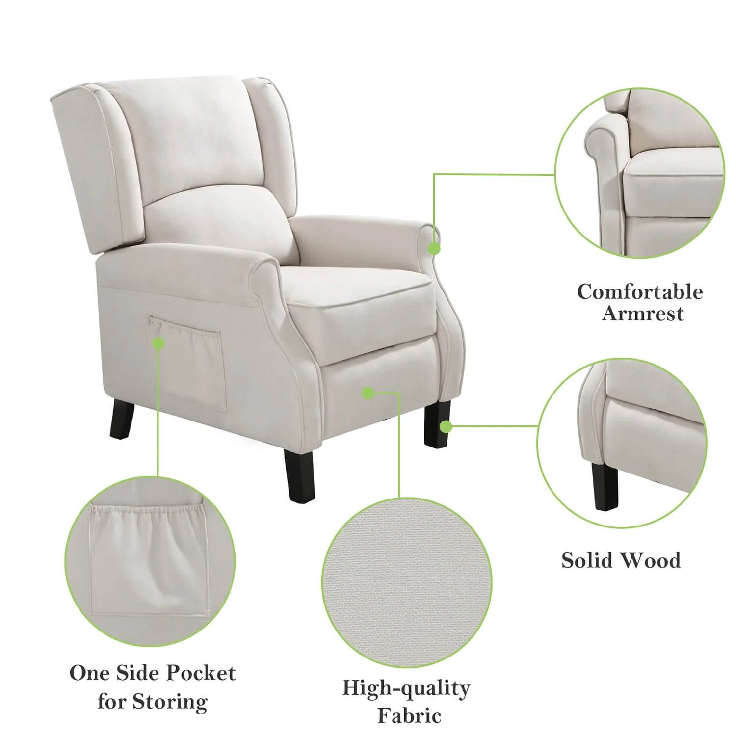 Wingback Recliner Chair with Heating and Vibrating Massage, Fabric - Image 7
