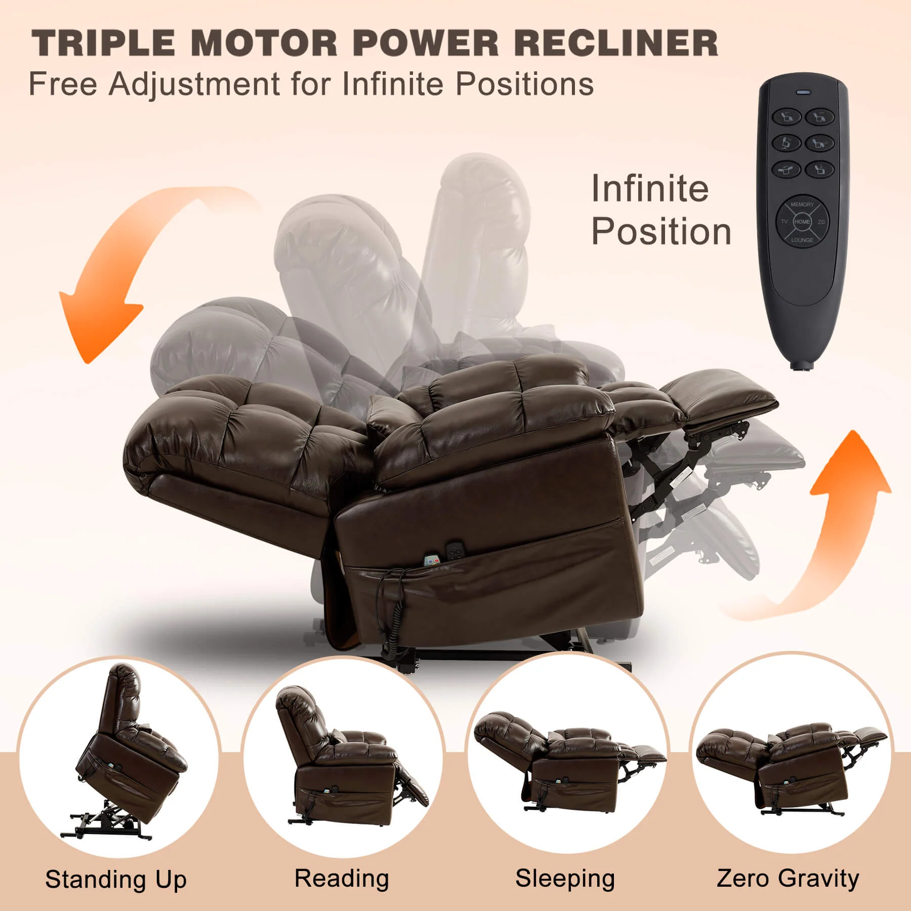 Zero Gravity Infinite Position Power Lift Recliner Chair W/ Massage and Heating, Triple Motor, Genuine Leather - Image 4