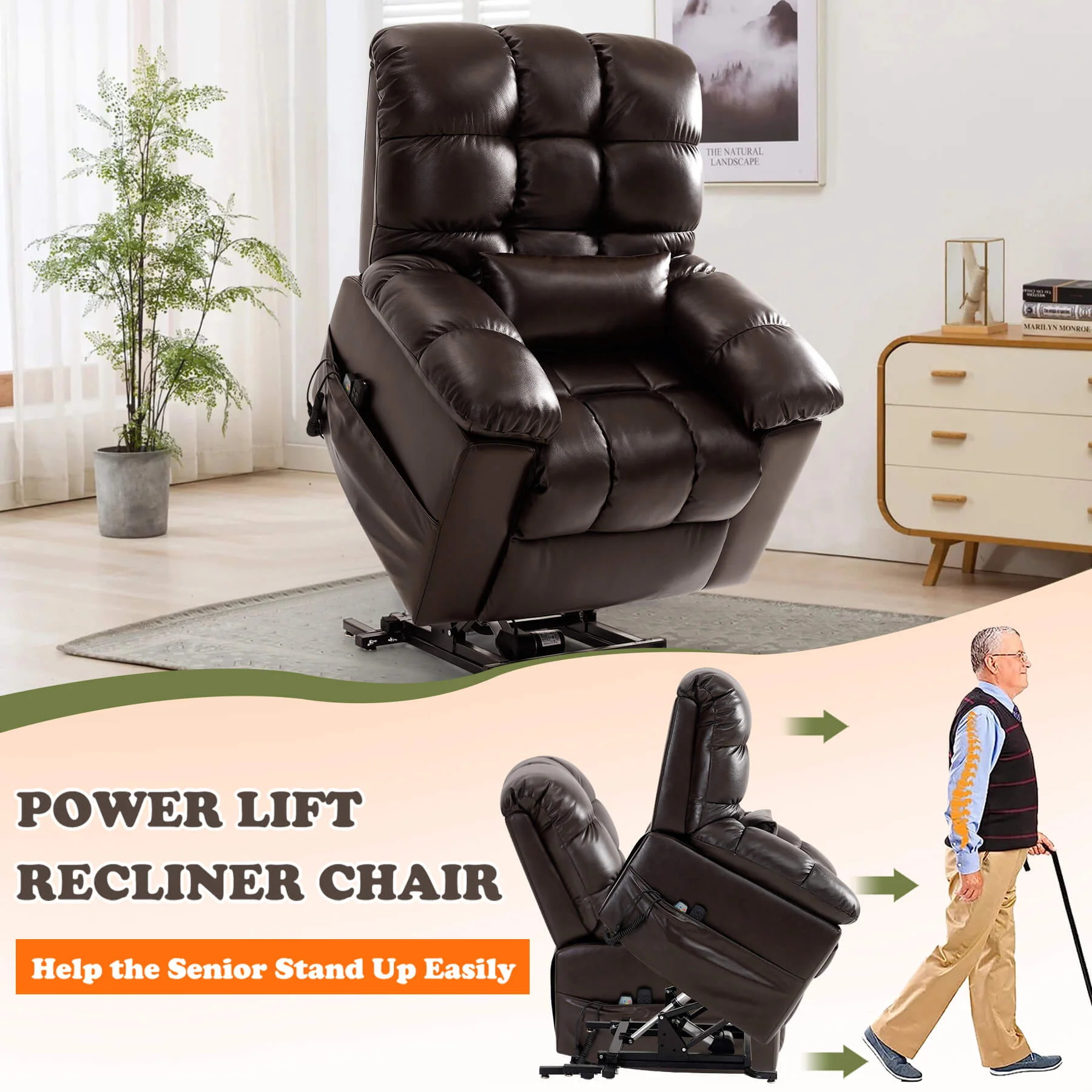 Zero Gravity Infinite Position Power Lift Recliner Chair W/ Massage and Heating, Triple Motor, Genuine Leather - Image 5